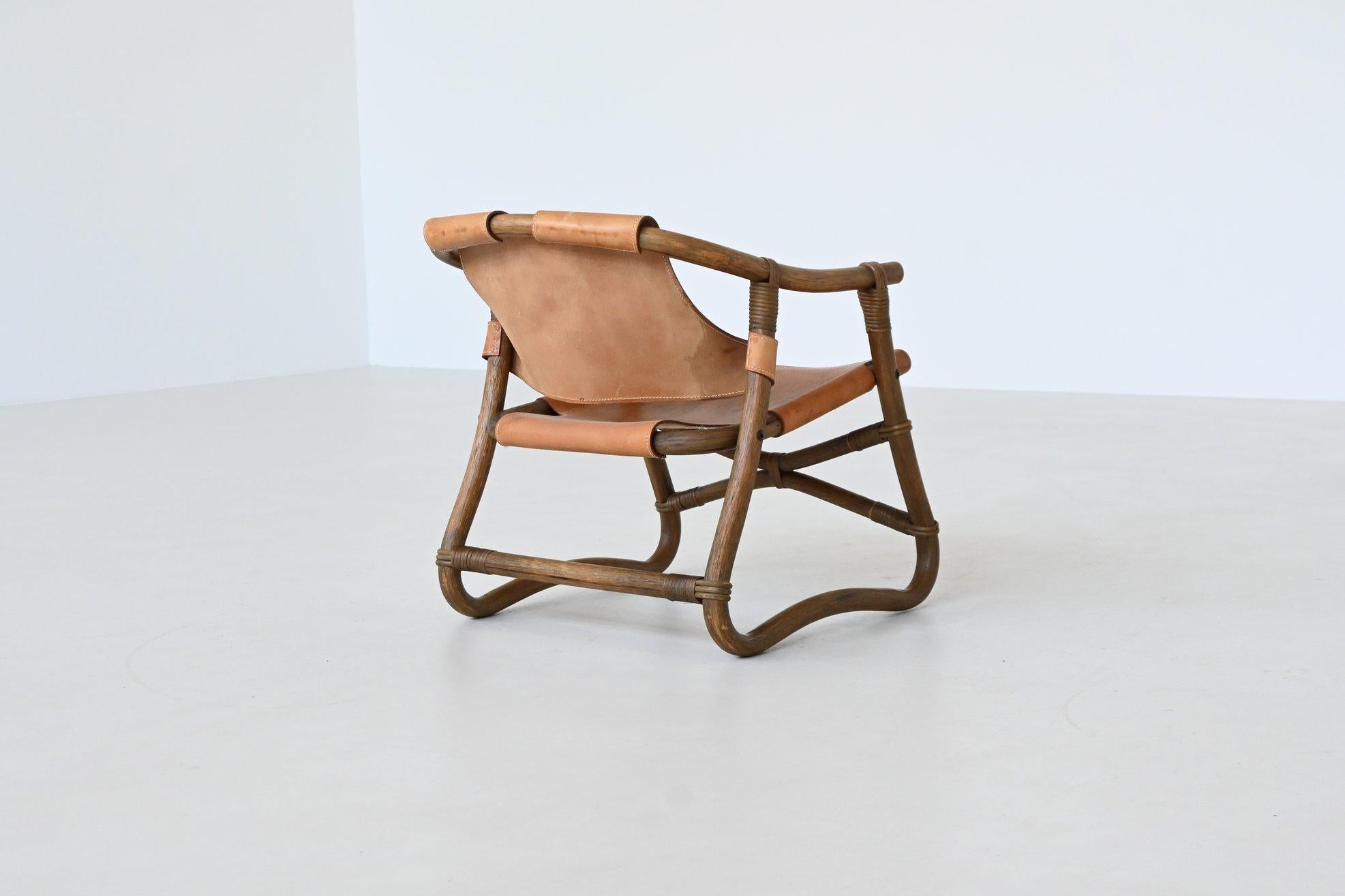Mid-Century Modern Espri safari chair in cognac leather and bamboo IKEA Sweden 1970 For Sale