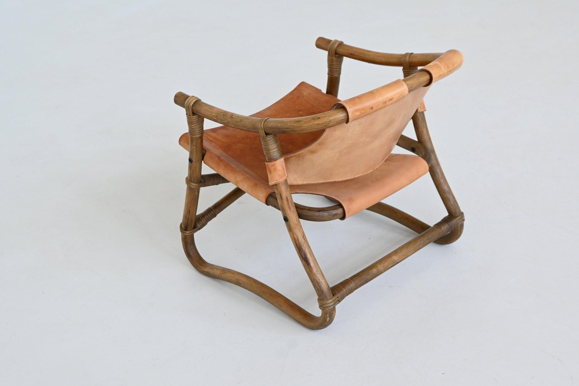 Swedish Espri safari chair in cognac leather and bamboo IKEA Sweden 1970 For Sale