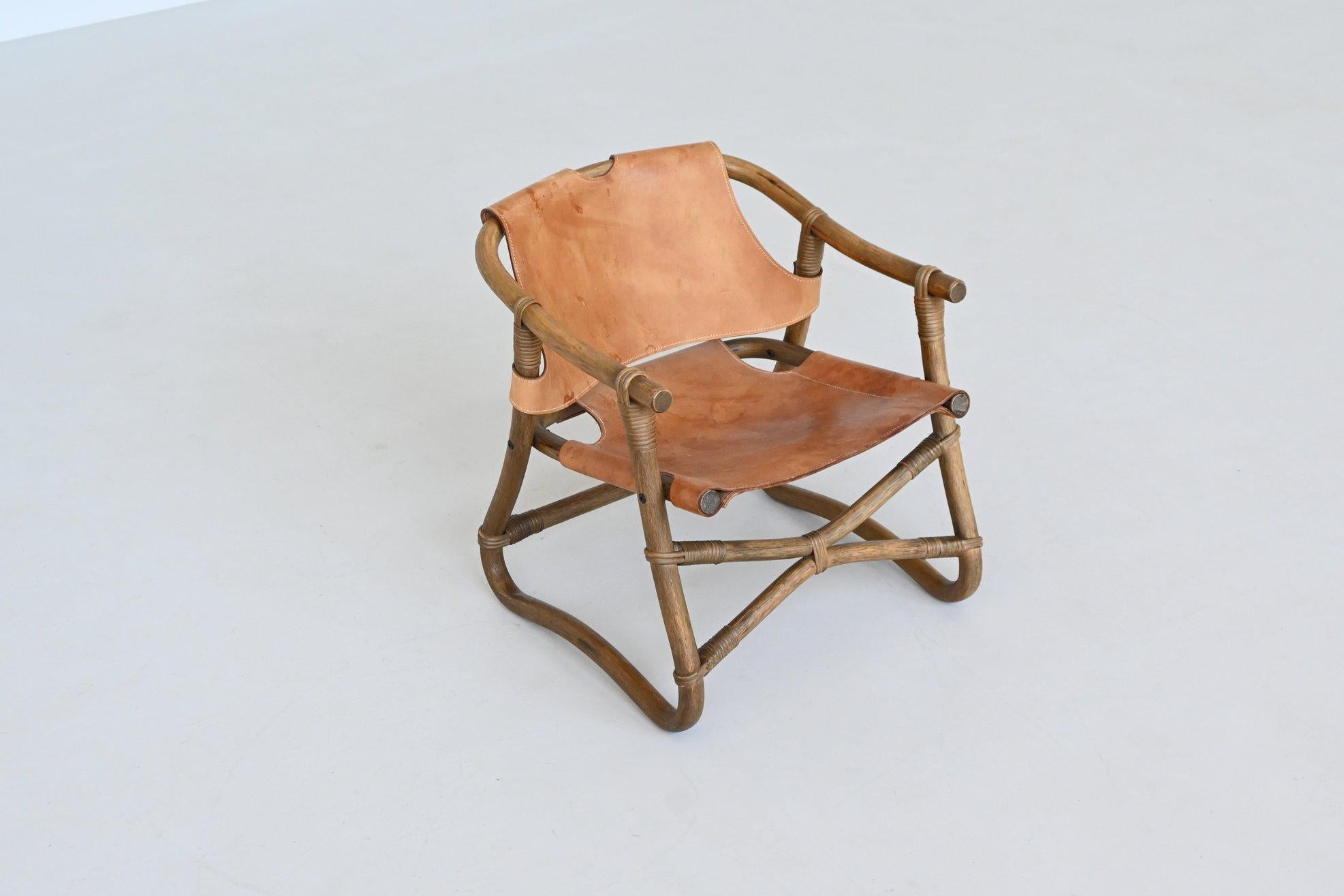 Espri safari chair in cognac leather and bamboo IKEA Sweden 1970 In Good Condition For Sale In Etten-Leur, NL
