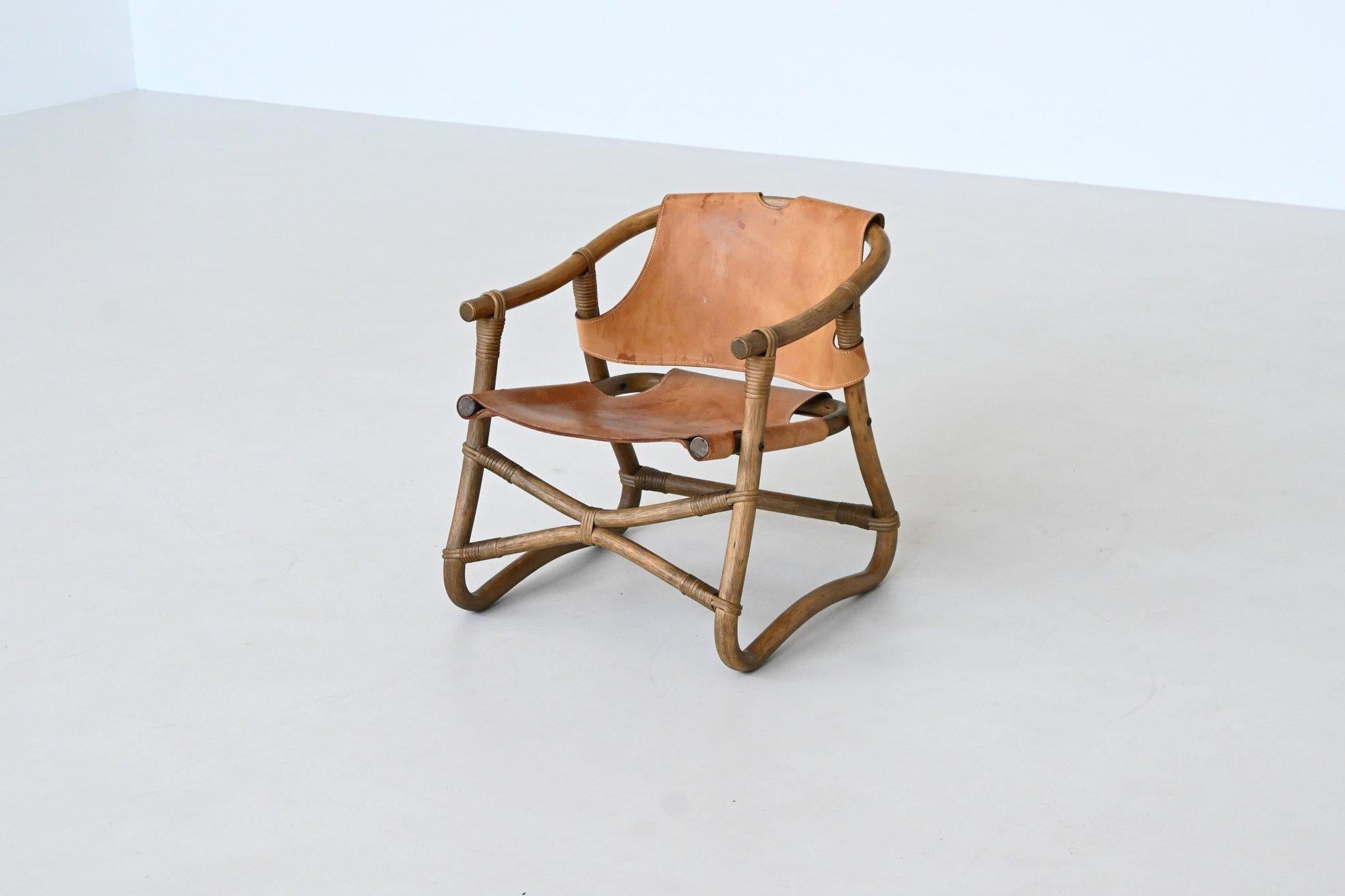 Late 20th Century Espri safari chair in cognac leather and bamboo IKEA Sweden 1970 For Sale