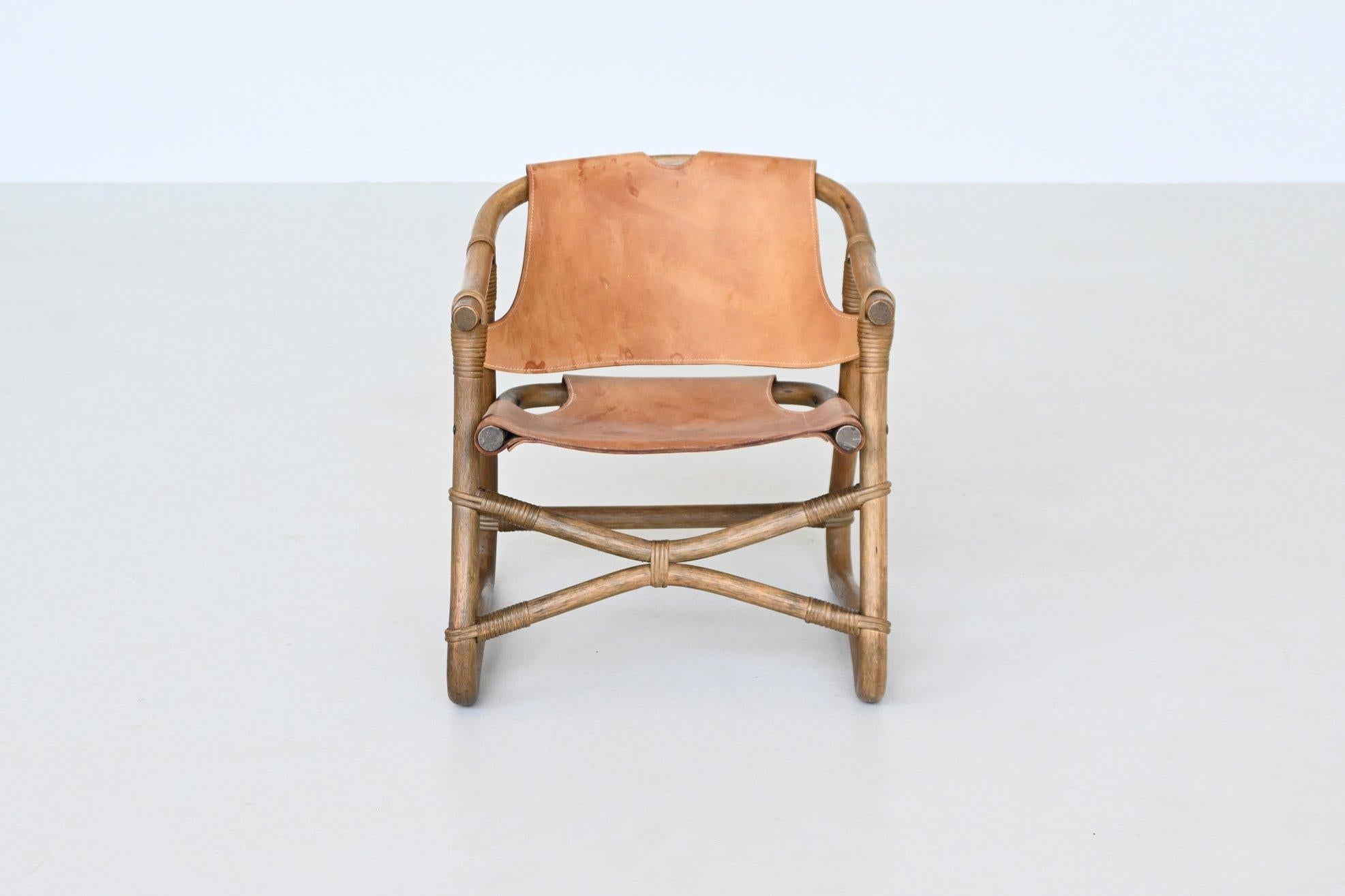 Espri safari chair in cognac leather and bamboo IKEA Sweden 1970 For Sale 1