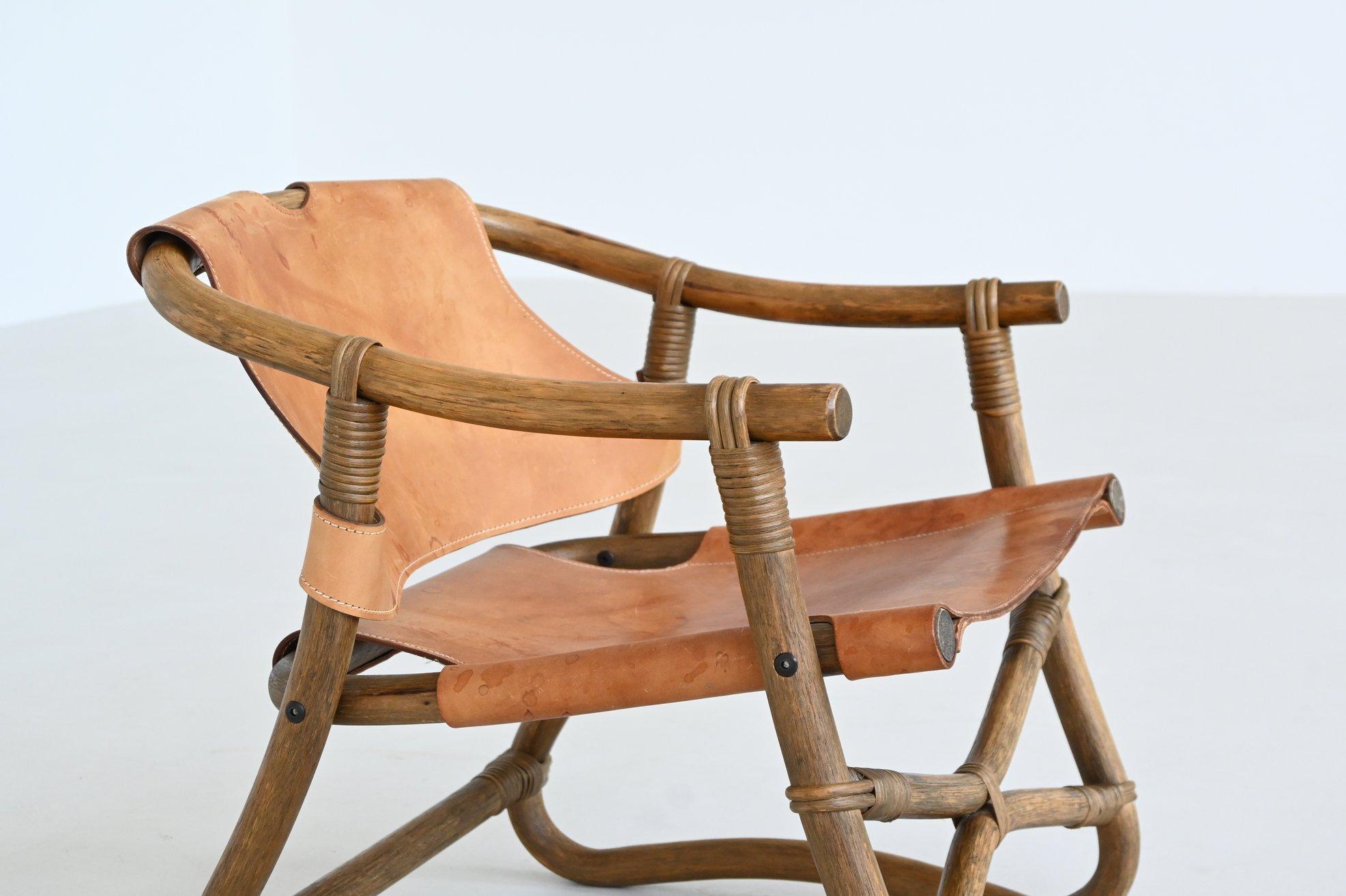 Espri safari chair in cognac leather and bamboo IKEA Sweden 1970 For Sale 2