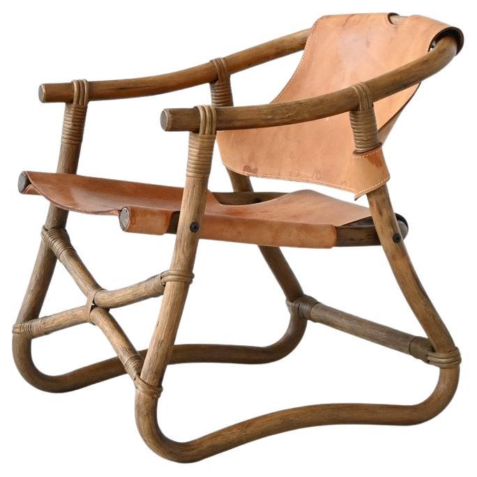 Espri safari chair in cognac leather and bamboo IKEA Sweden 1970 For Sale