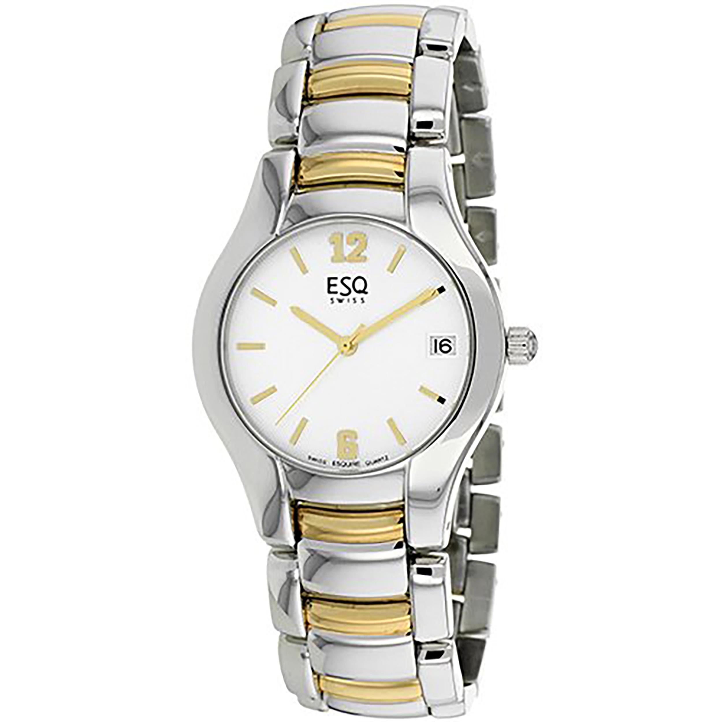 Pre-owned ESQ by Movado Previa Stainless Steel Swiss Made Quartz Mens Watch 7300671. Minor Scratches and Discoloration From Handling. this Beautiful Timepiece Features a Stainless Steel Case with a Two-Tone Stainless Steel Bracelet, Fixed Stainless