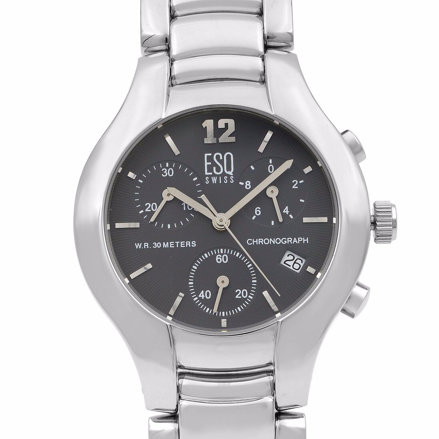 Display Model ESQ by Movado Previa Steel Chronograph Grey Dial Quartz Mens Watch E5113. Powered by a Quartz Movement this watch Features: Stainless Steel Case & Bracelet, Fixed Steel Bezel, Gray Dial with Silver-Tone Hands and Index Hour Markers.