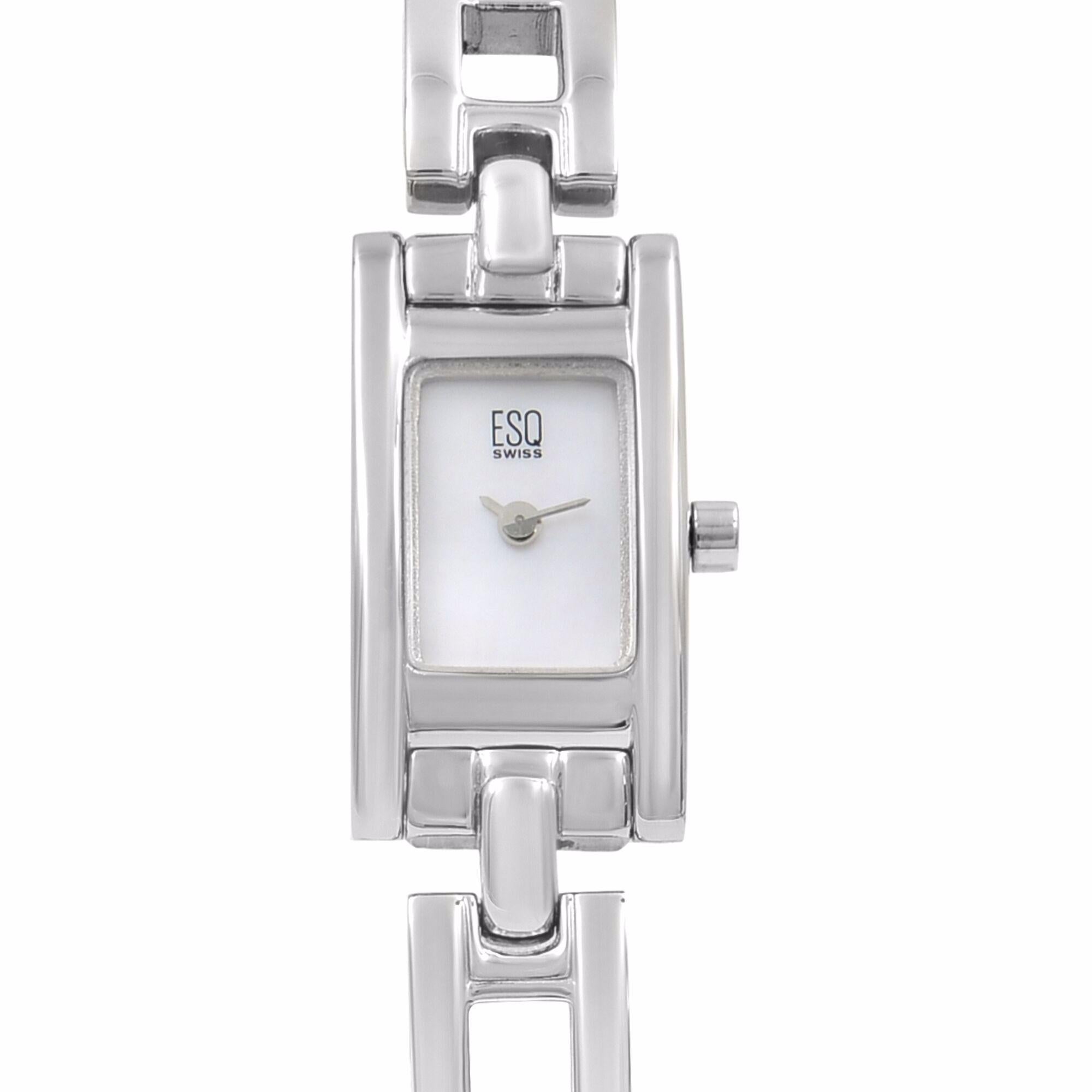 Pre-owned ESQ Flair Steel Case White MOP Dial Mineral Crystal Ladies Watch E5278. The Watch Has Minor Scratches. This Beautiful Timepiece is powered by a Quartz (Battery) Movement and Features: a Silver-Tone Case and Bracelet, Fixed Silver-Tone