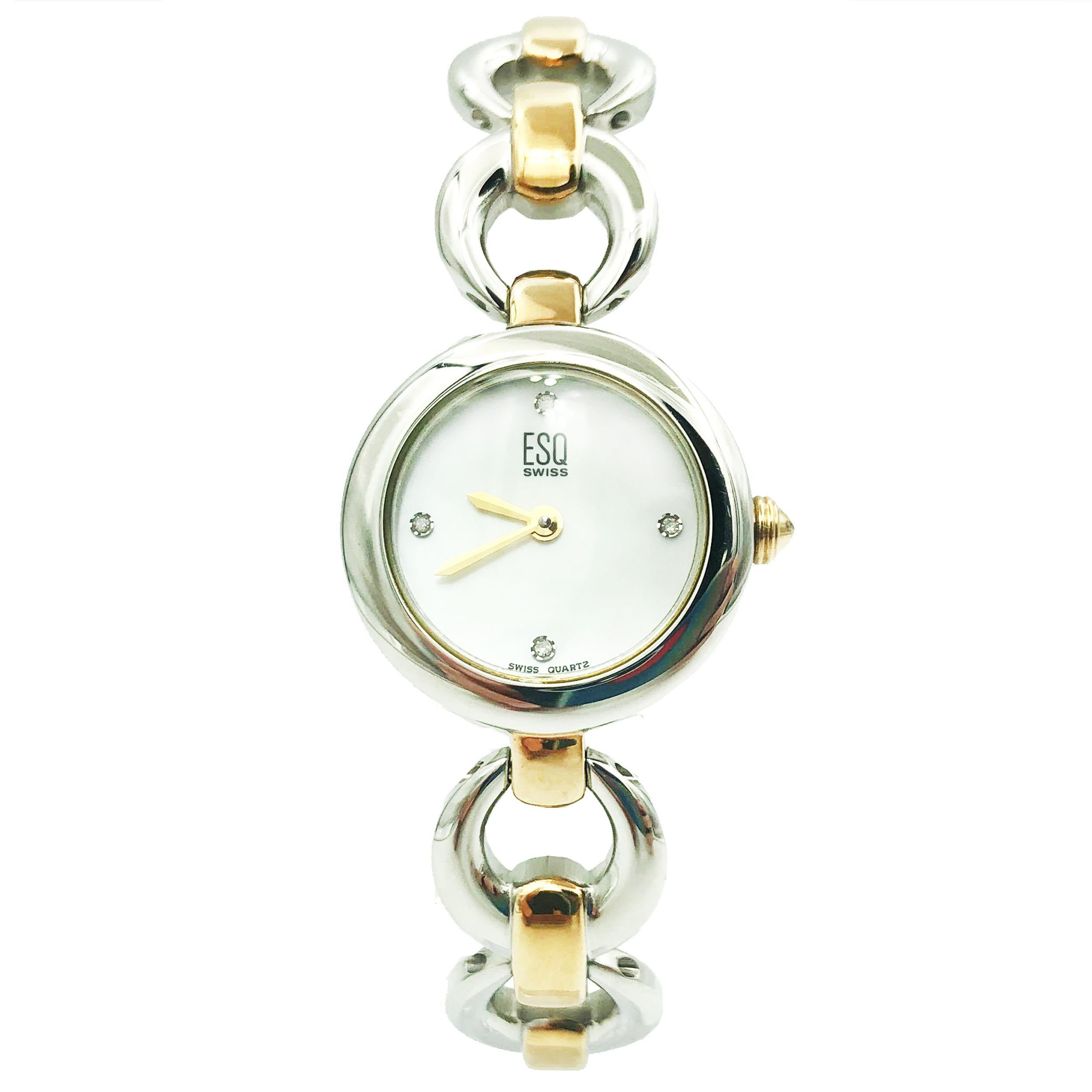 Timepiece has some hairline scratches on gold tone elements.
Brand ESQ
Type Wristwatch
Department Women
Model Number 07101188
Country/Region of Manufacture Switzerland
Style Dress/Formal
Movement Quartz
Band Color Multicolor
Band Material Stainless