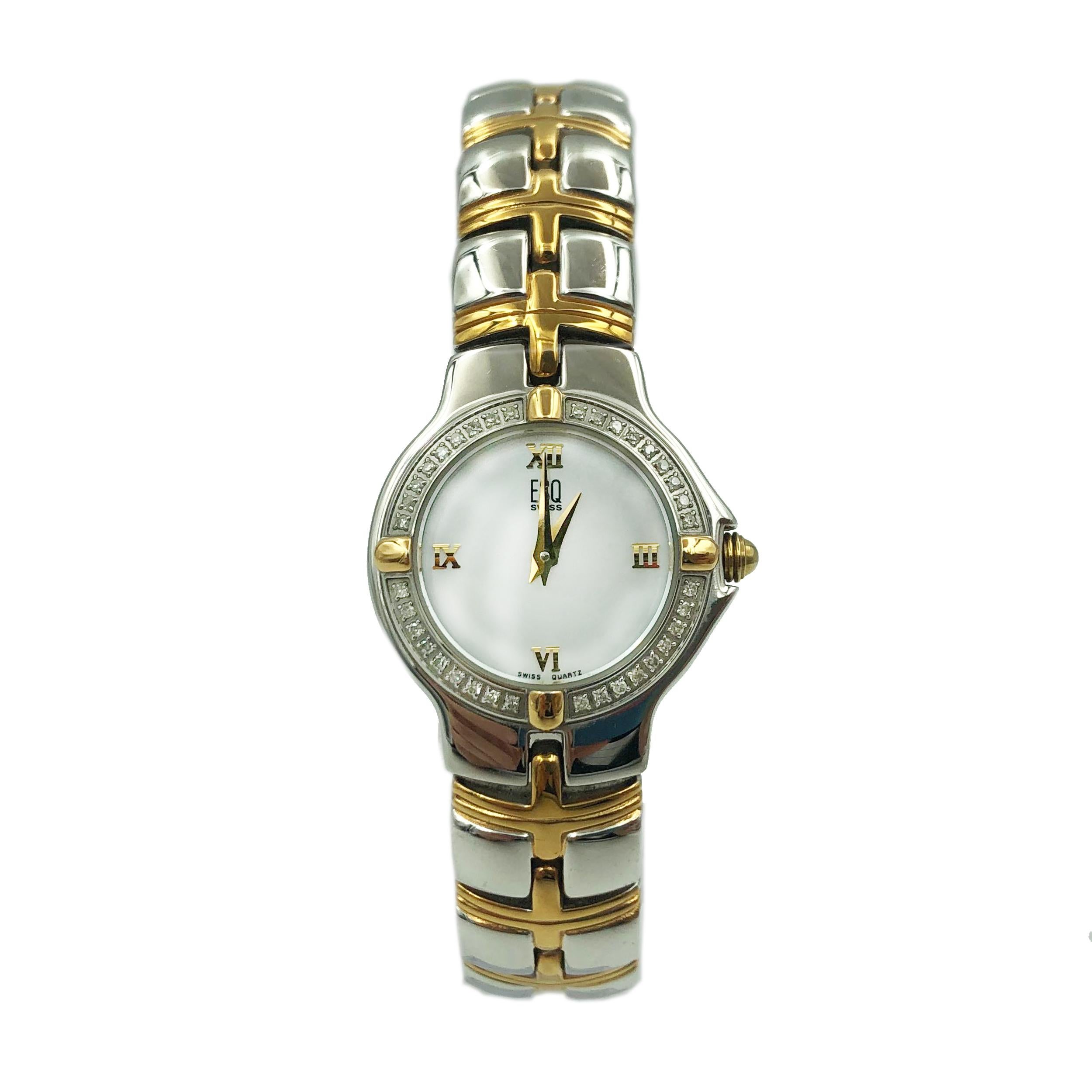 Pre Owned ESQ Movado MOP Roman Dial Two Tone Steel Quartz Ladies Watch 07101116. The Watch has tiny scratches. This Beautiful Timepiece is powered by a Quartz ( Battery) Movement and Features: Stainless Steel Case with a Two-Tone Stainless Steel