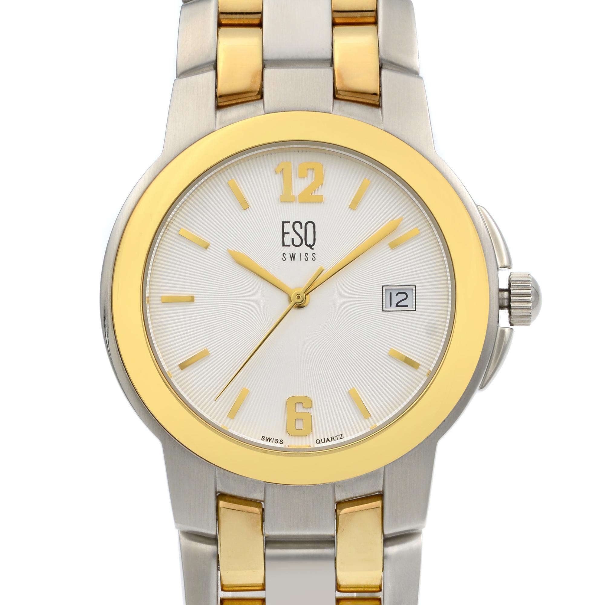ESQ Swiss Two-Tone Steel Silver Sunray Dial Quartz Mens Dress Watch 07300747. This Beautiful Timepiece is Powered by a Quartz (Battery) Movement and Features: a Silver-Tone Steel Case and a Two-Tone Steel Bracelet, Fixed Gold-Tone Bezel, White Dial