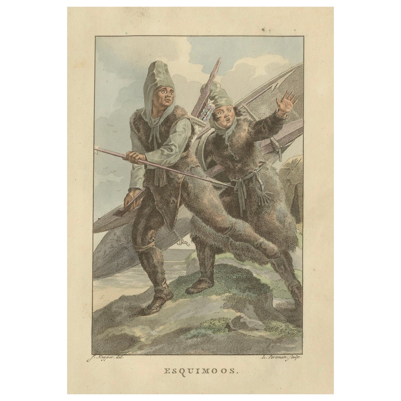 Chasseurs Esquimaux (Inuits) - Gravure ethnographique ancienne coloriée à la main c.1805