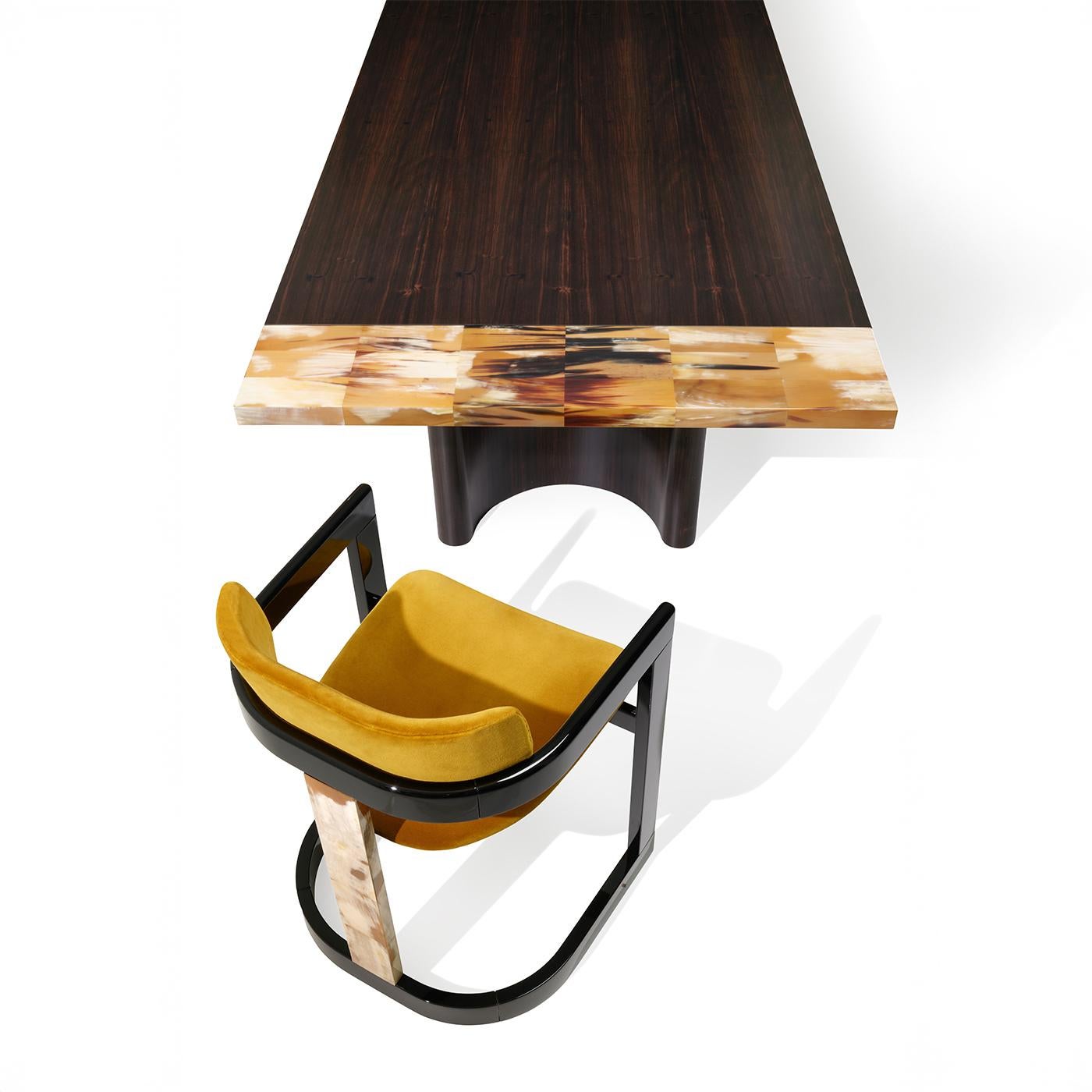 Essa Yellow Velvet And Glossy Black Wood With Horn Inlays Chair by Arcahorn In New Condition For Sale In Milan, IT