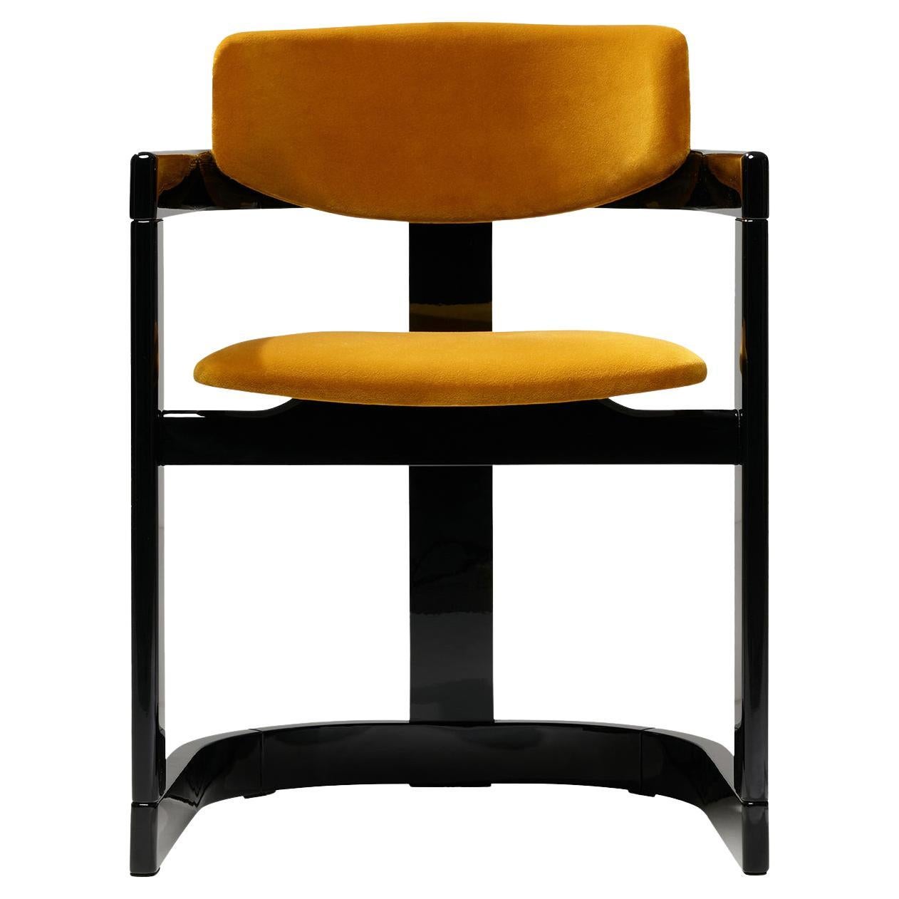 Essa Yellow Velvet And Glossy Black Wood With Horn Inlays Chair by Arcahorn