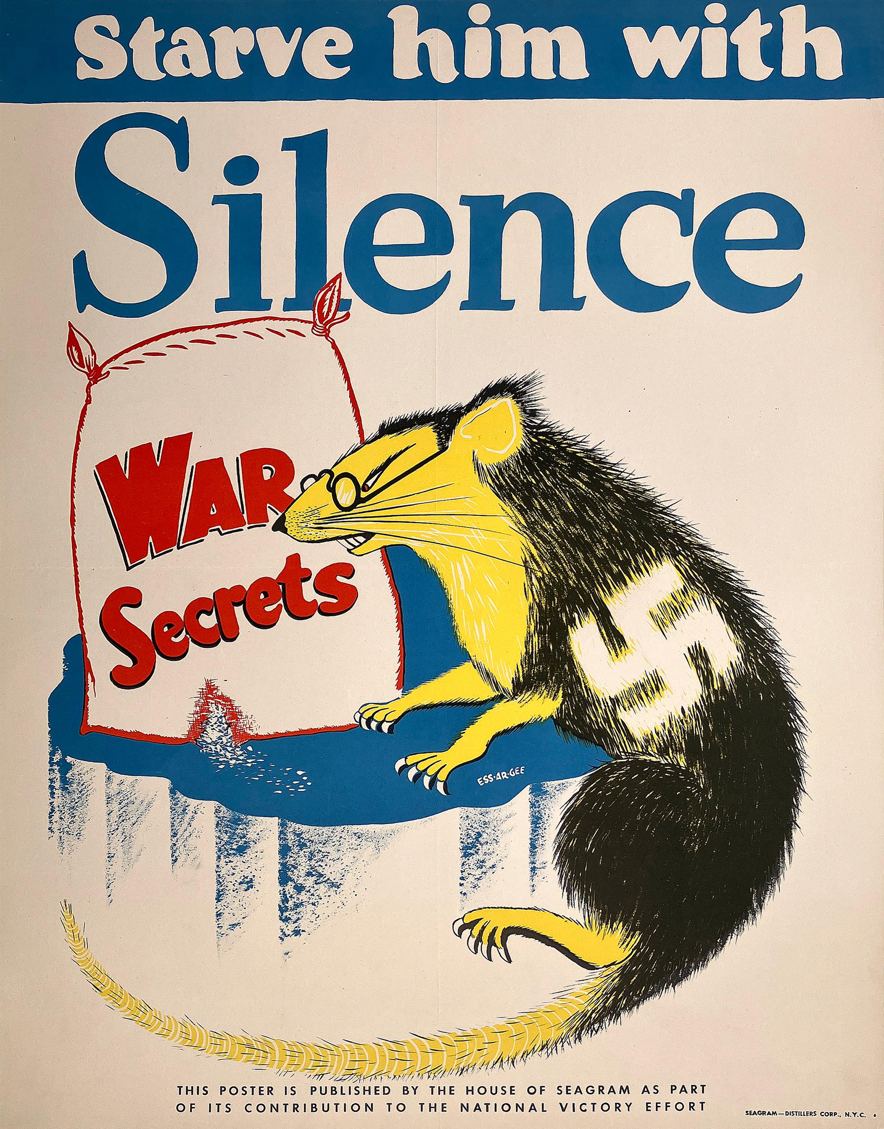 This original World War II poster, titled "Starve Him With Silence", is a vivid example of wartime propaganda aimed at promoting operational security among civilians and service members. Created around 1943, the poster was sponsored by the Seagram