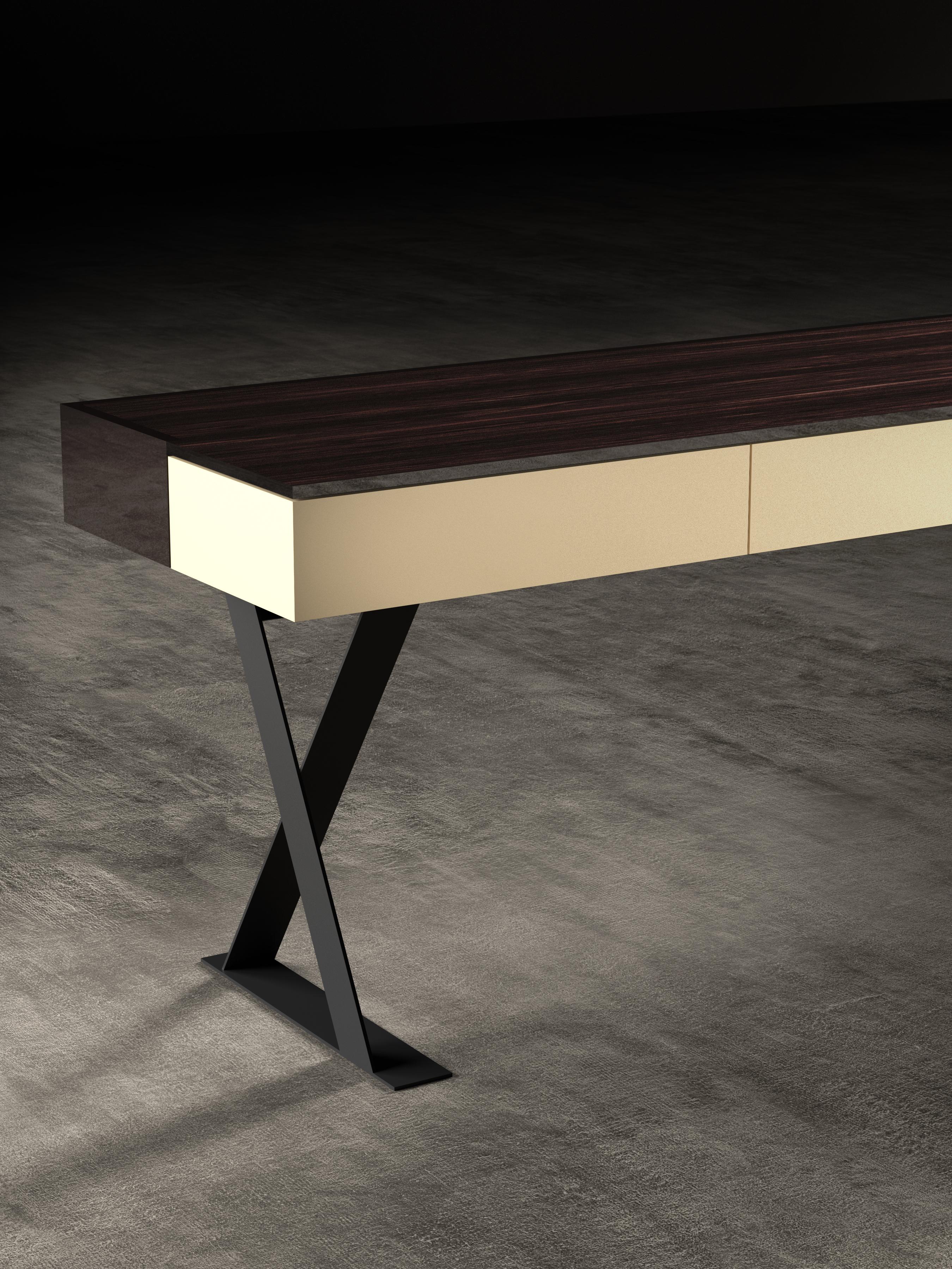 Italian Essence Desk Drawers Glossy Laquered Wood Black Matte Metal