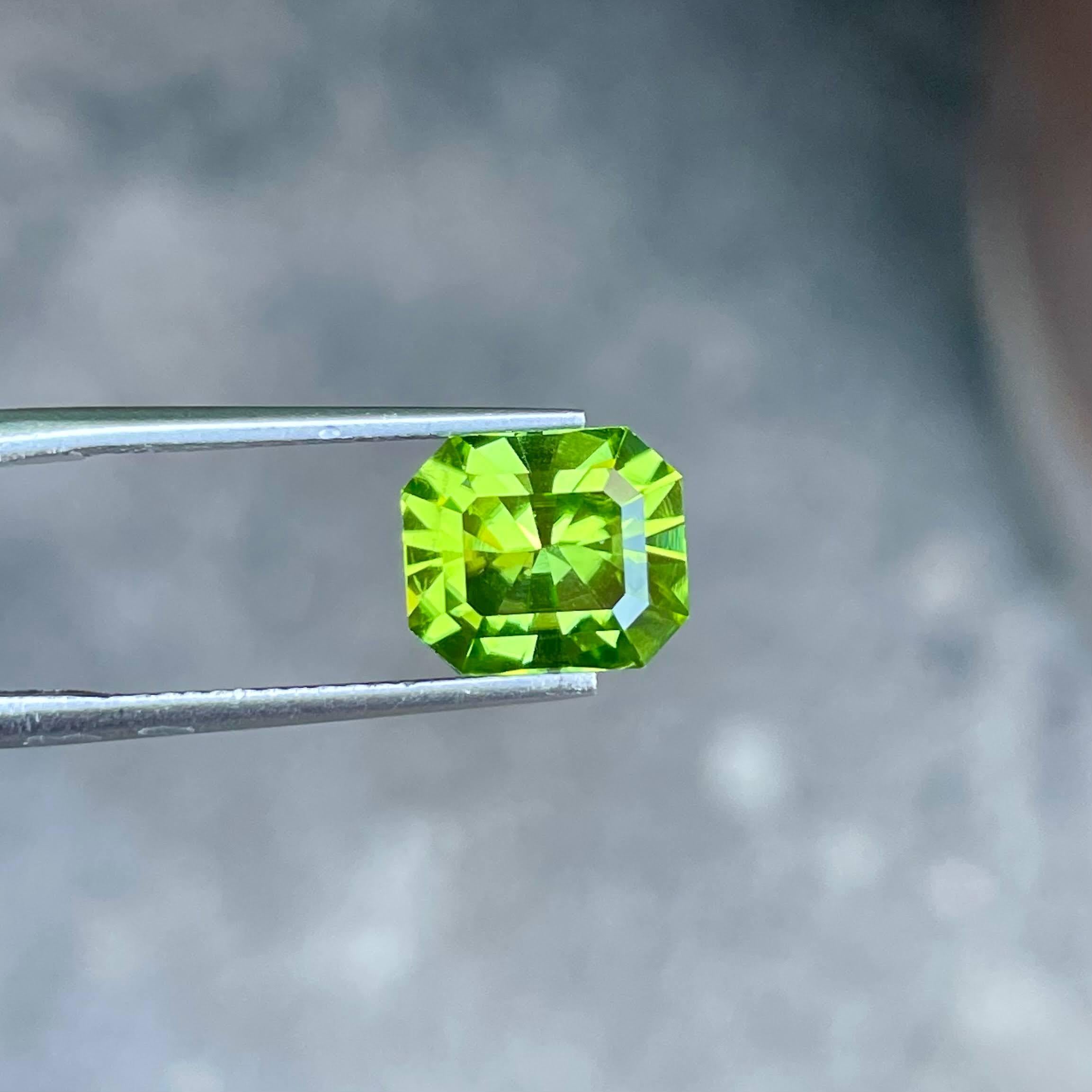 Modern Essence of Apple Green Peridot Stone 3.35 carats Radiant Cut Pakistani Gemstone For Sale