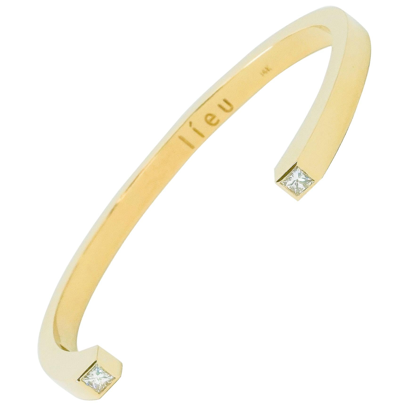 Líeu Essential Bracelet Cuff in 14K Yellow Gold with Princess Cut White Diamonds For Sale
