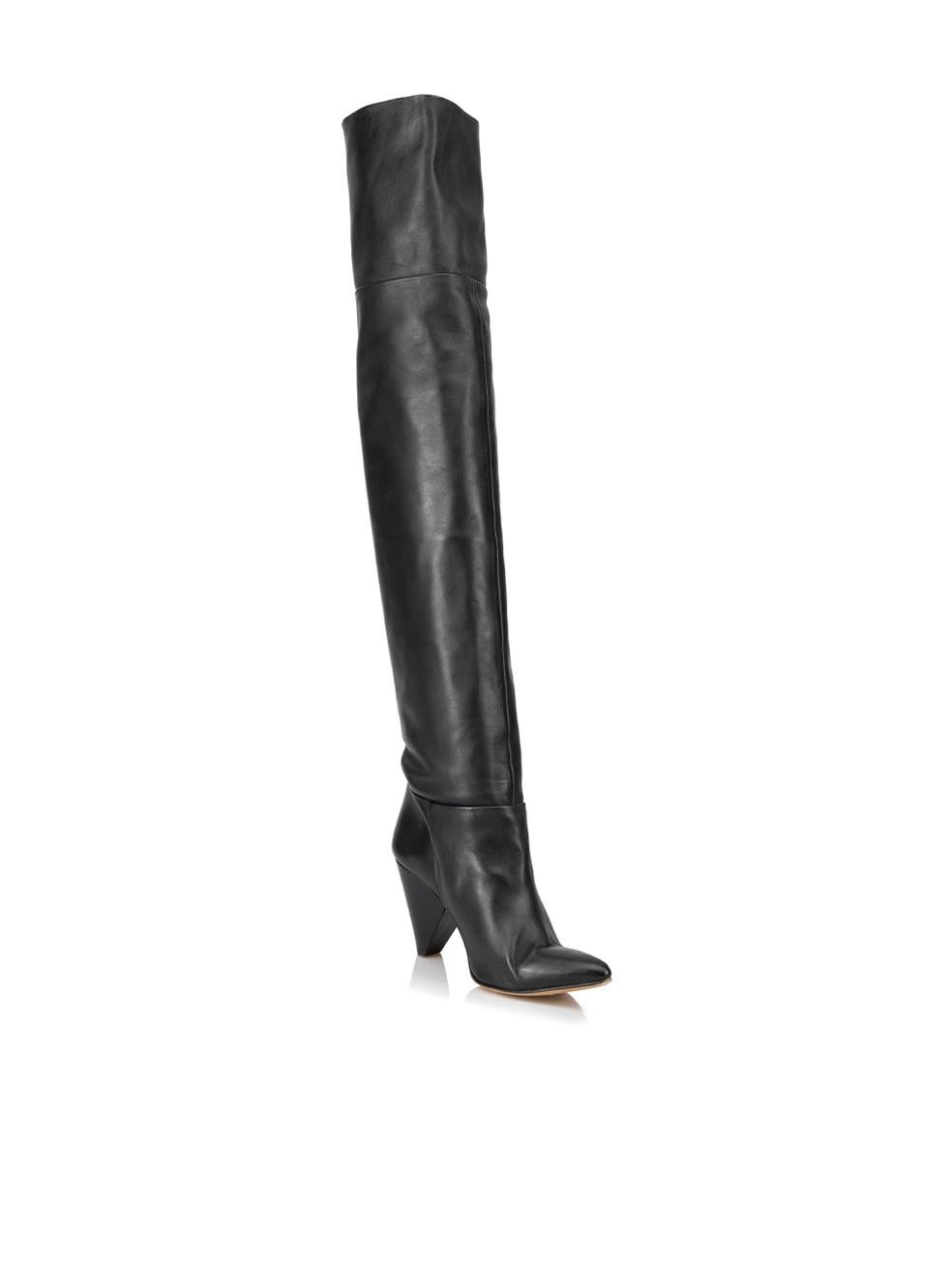 CONDITION is Very good. Minimal wear to boots is evident. Minimal wear to the leather exterior and heel stem where scuffs can be seen on this used Essential Antwerp designer resale item. 
 
 Details
  Black
 Leather
 Thigh high boots
 Pointed toe
