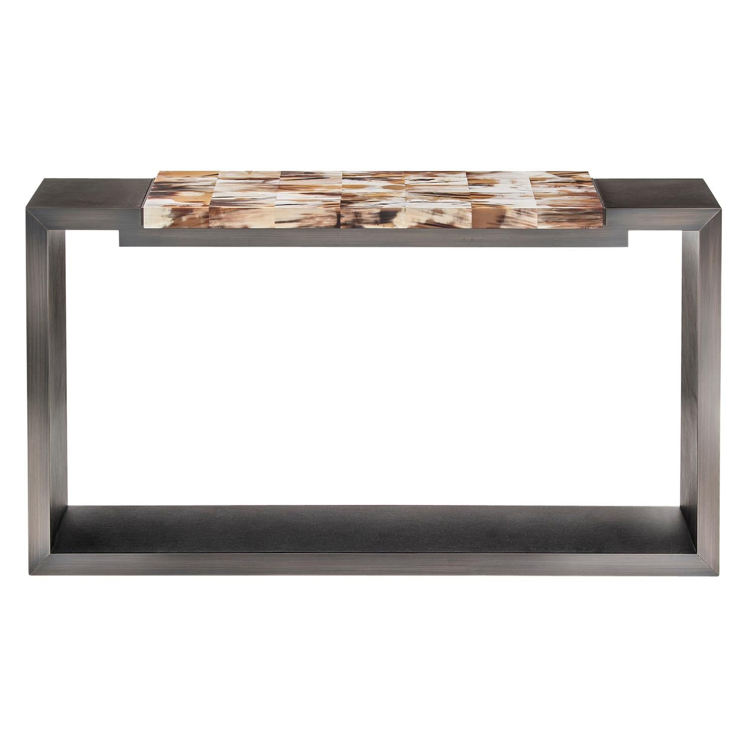 Table console Essenziale en corno italien mat et cuir, Mod. 6020 en vente
