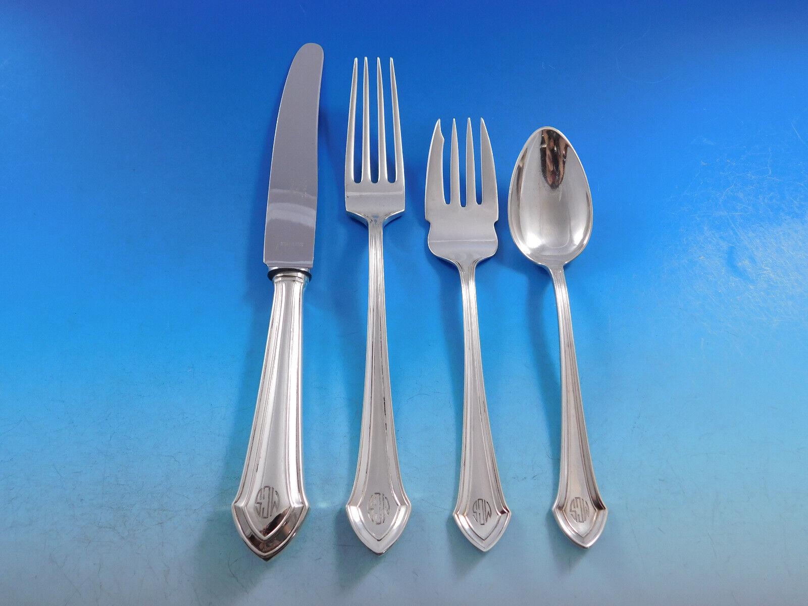 Large Dinner & Luncheon Essex by Durgin, c1911, sterling silver Flatware set - 112 pieces. This set includes:

12 Dinner Size Knives, 9 5/8
