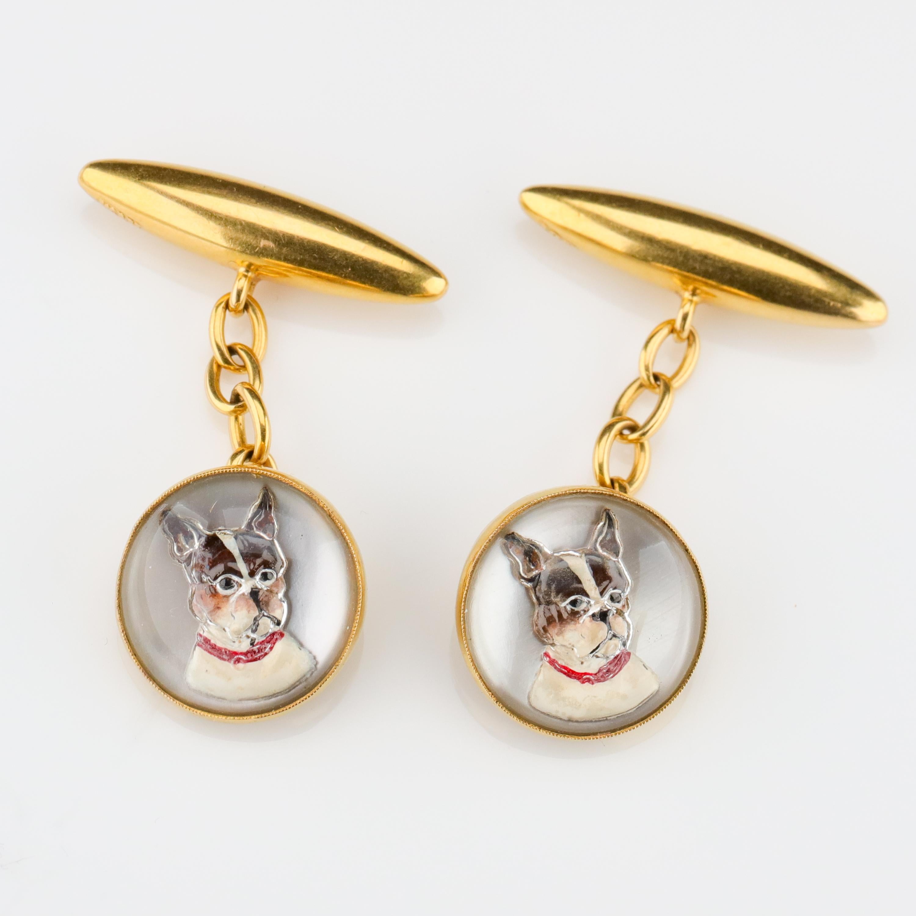 Carved crystal cabochons are painted on the reverse to portray two little black and white terriers. Perhaps the only thing more wonderful in the world than a pair of carved crystal cufflinks from England depicting man's best friend is a pair of