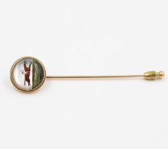 Essex Crystal Stick Pin Painted "Horse & Jockey", 14 Karat Yellow Gold