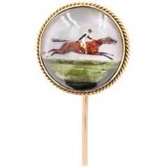 Essex Crystal Stick Pin Painted "Horse & Jockey", 14 Karat Yellow Gold