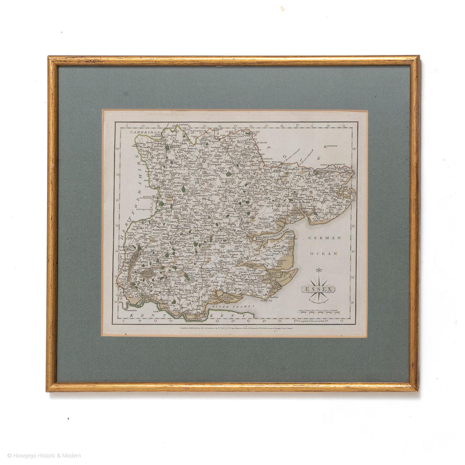 Mapa de Essex por el grabador John Cary
Londres publicado según la ley el 1 de septiembre de 1787 por J Cary Engraver Map & Printseller no 188 the corner of Arundel Street Strand
Antiguo mapa grabado en cobre con contorno original en