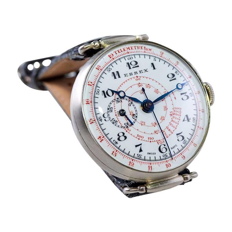 Art Deco Essex Nickel Silver One Button Chronograph Original Enamel Dial Watch