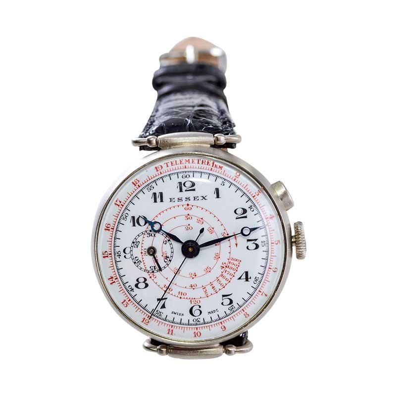 Essex Nickel Silver One Button Chronograph Original Enamel Dial Watch In Excellent Condition In Long Beach, CA