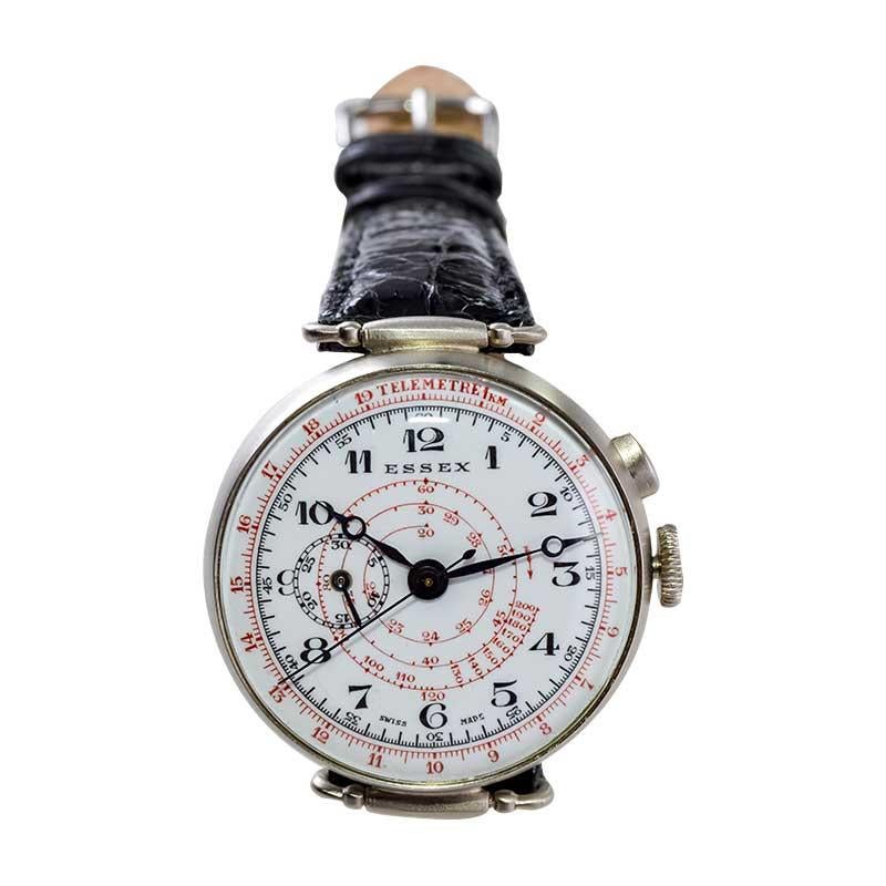 Women's or Men's Essex Nickel Silver One Button Chronograph Original Enamel Dial Watch For Sale