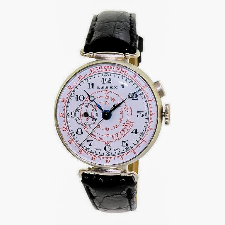 Essex Nickel Silver One Button Chronograph Original Enamel Dial Watch For Sale 1