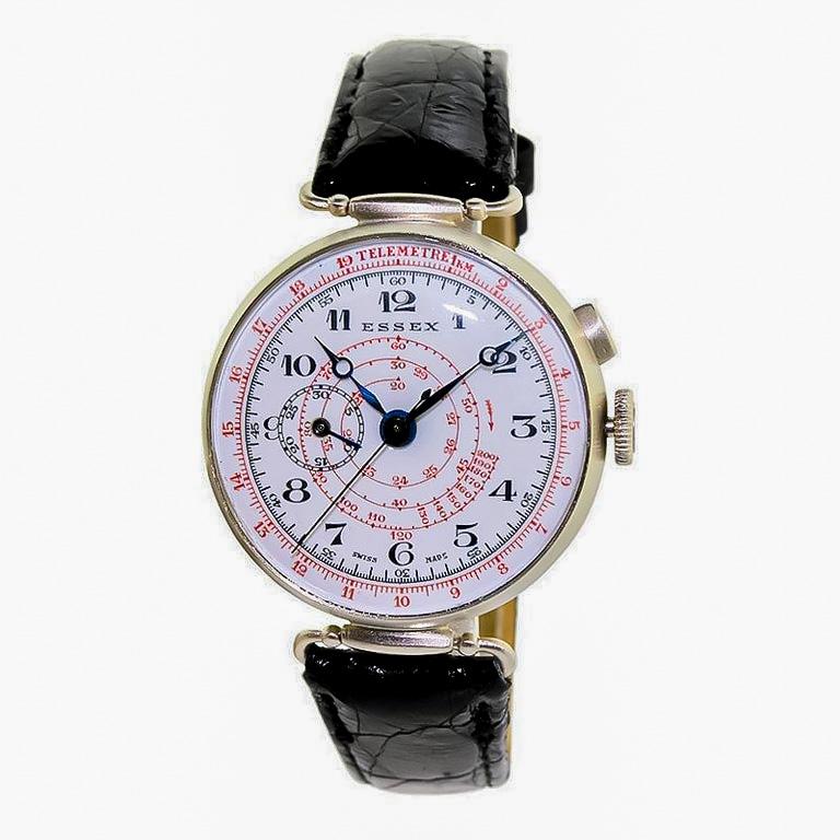 Essex Nickel Silver One Button Chronograph Original Enamel Dial Watch For Sale 2