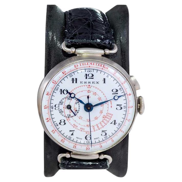 Essex Nickel Silver One Button Chronograph Original Enamel Dial Watch For Sale