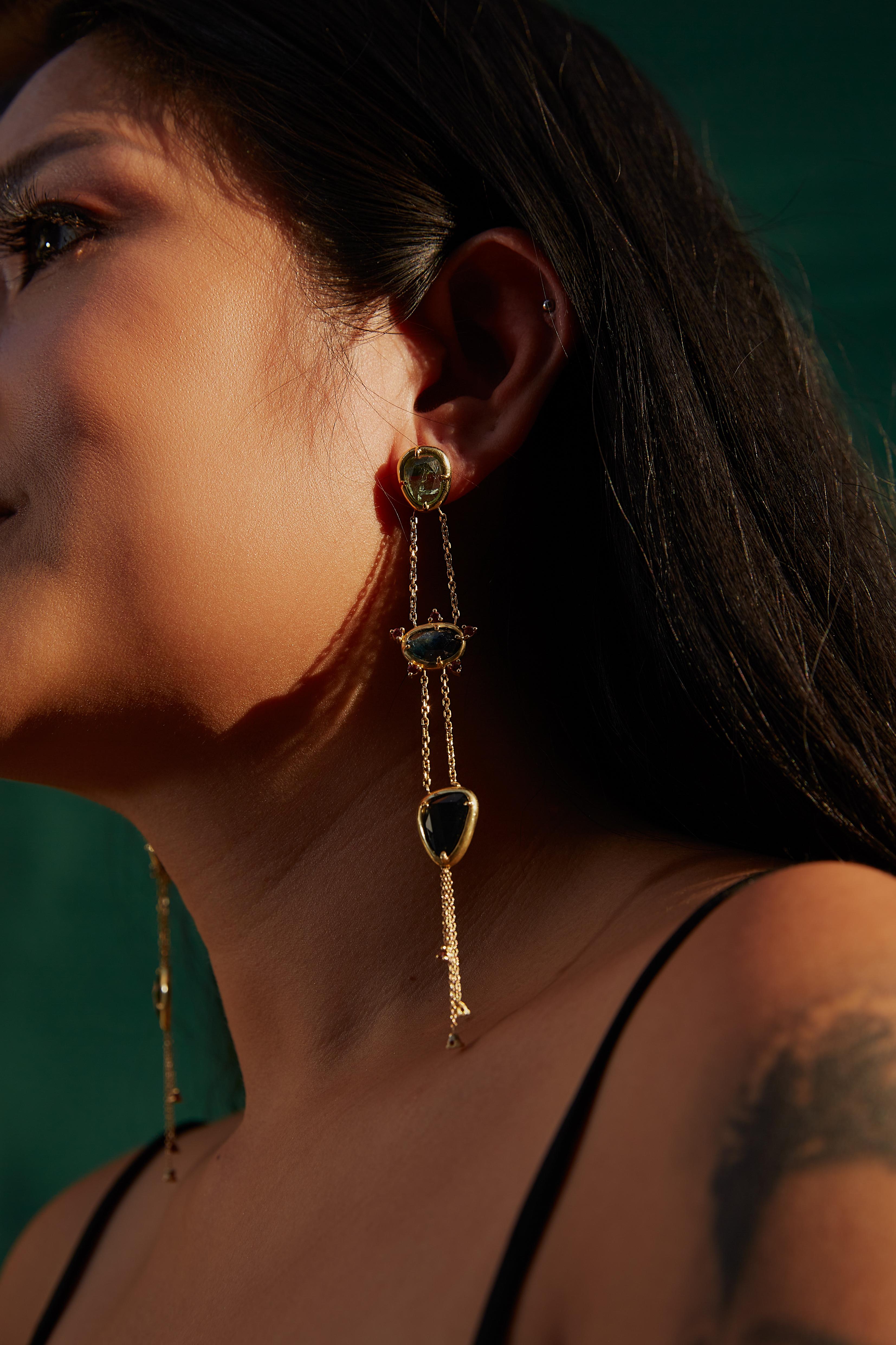The Essie Earrings are a vibrant statement piece, masterfully crafted in 18kt gold. Featuring an eye-catching mix of rose-cut tourmalines, sapphires, and garnets, these earrings exude bold sophistication and colorful elegance.