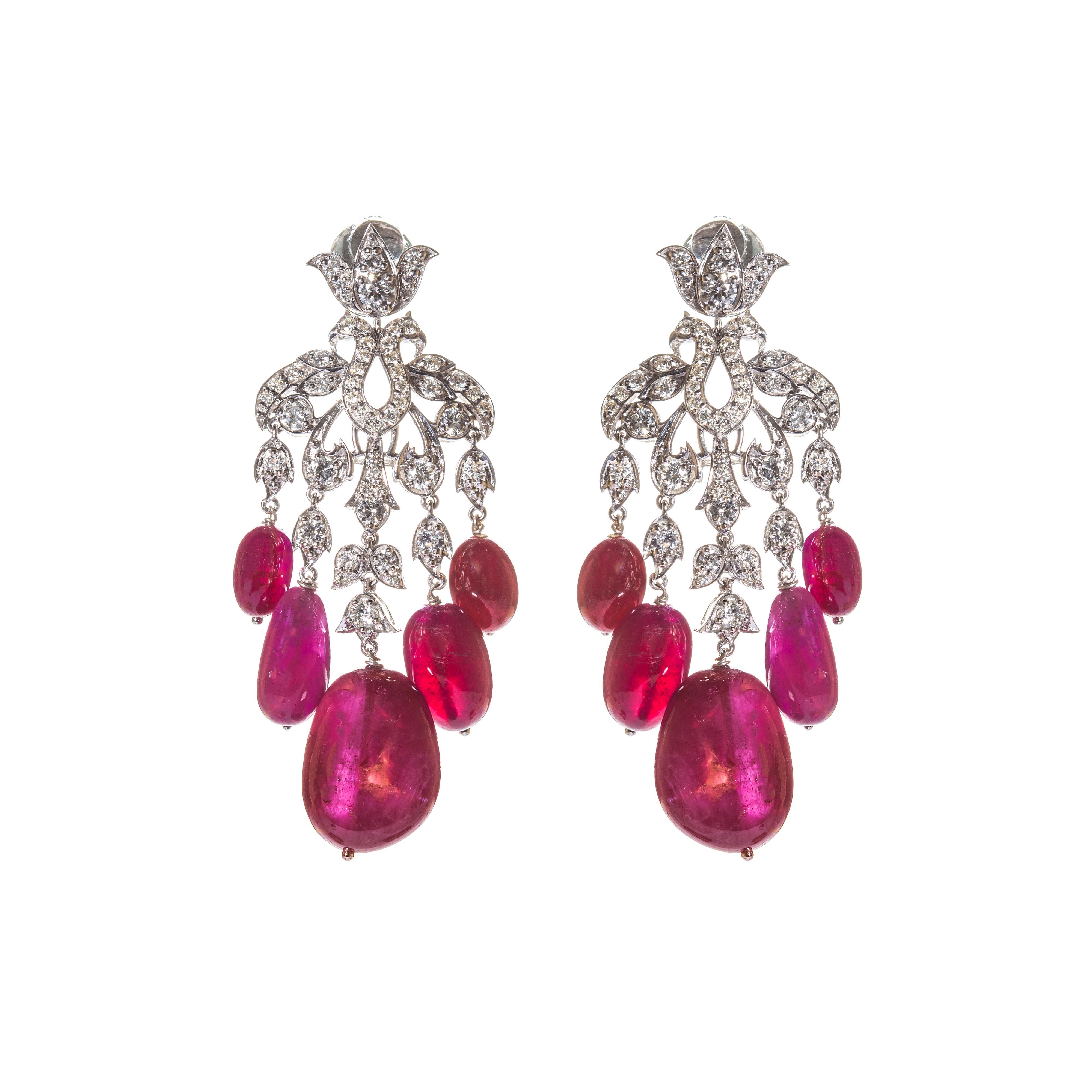 Contemporary 18 Karat Gold Diamond and Ruby Bheruṇḍa Earrings For Sale