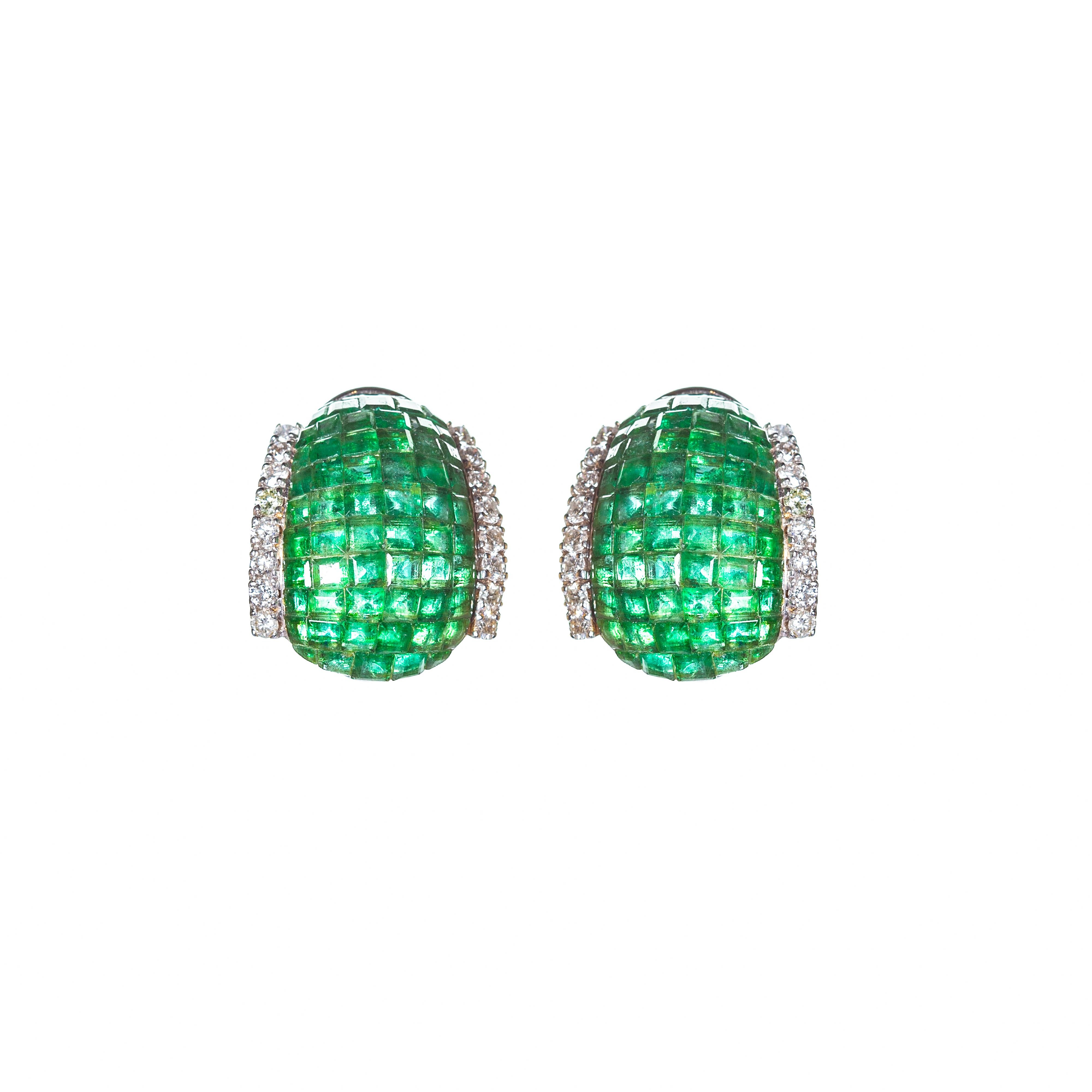 Contemporary 18 Karat Gold Invisible Emerald Huggies with Diamonds For Sale