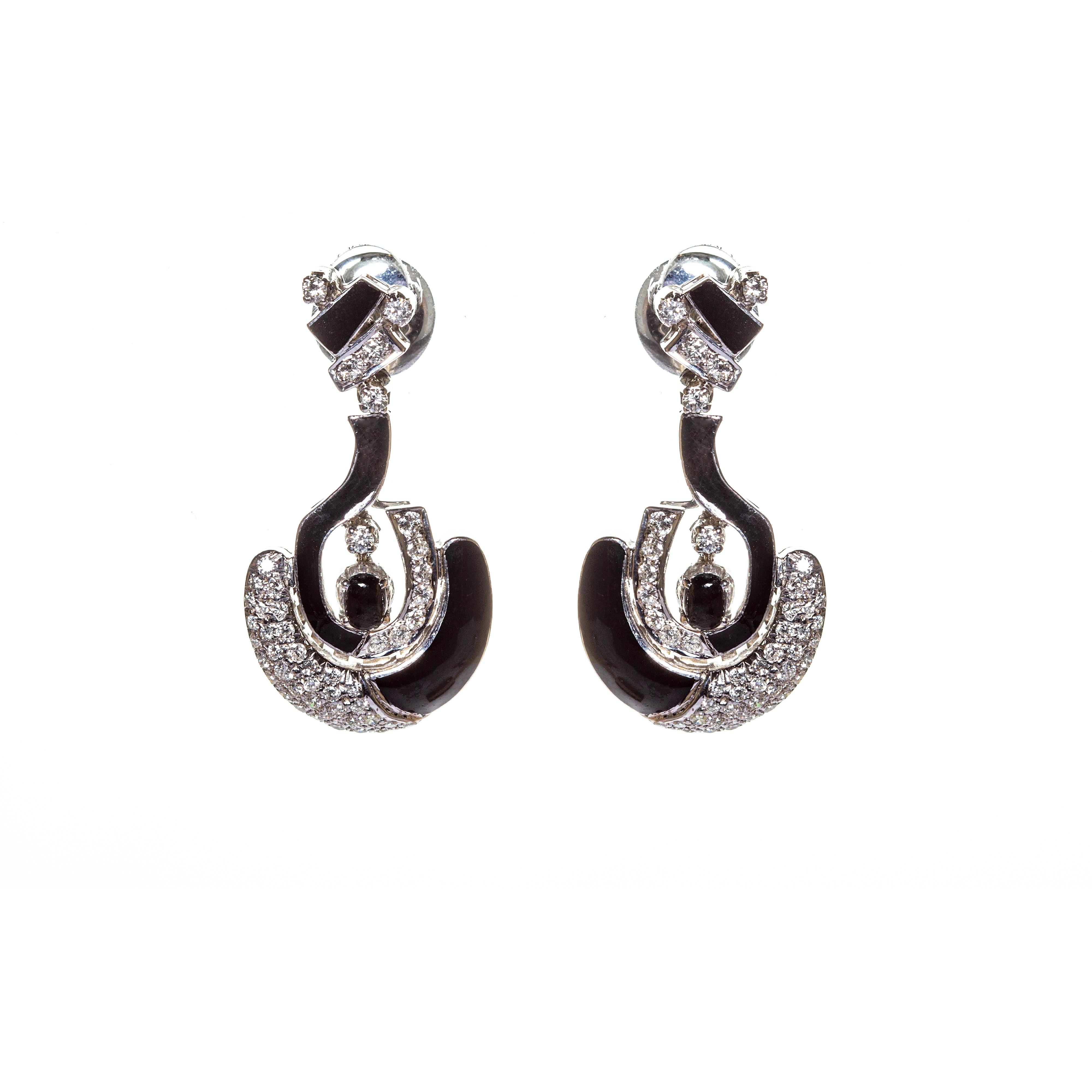 Art Deco Stil Elefanten-Ohrringe aus 18 Karat Weißgold, Diamanten Schwarzer Onyx (Zeitgenössisch) im Angebot