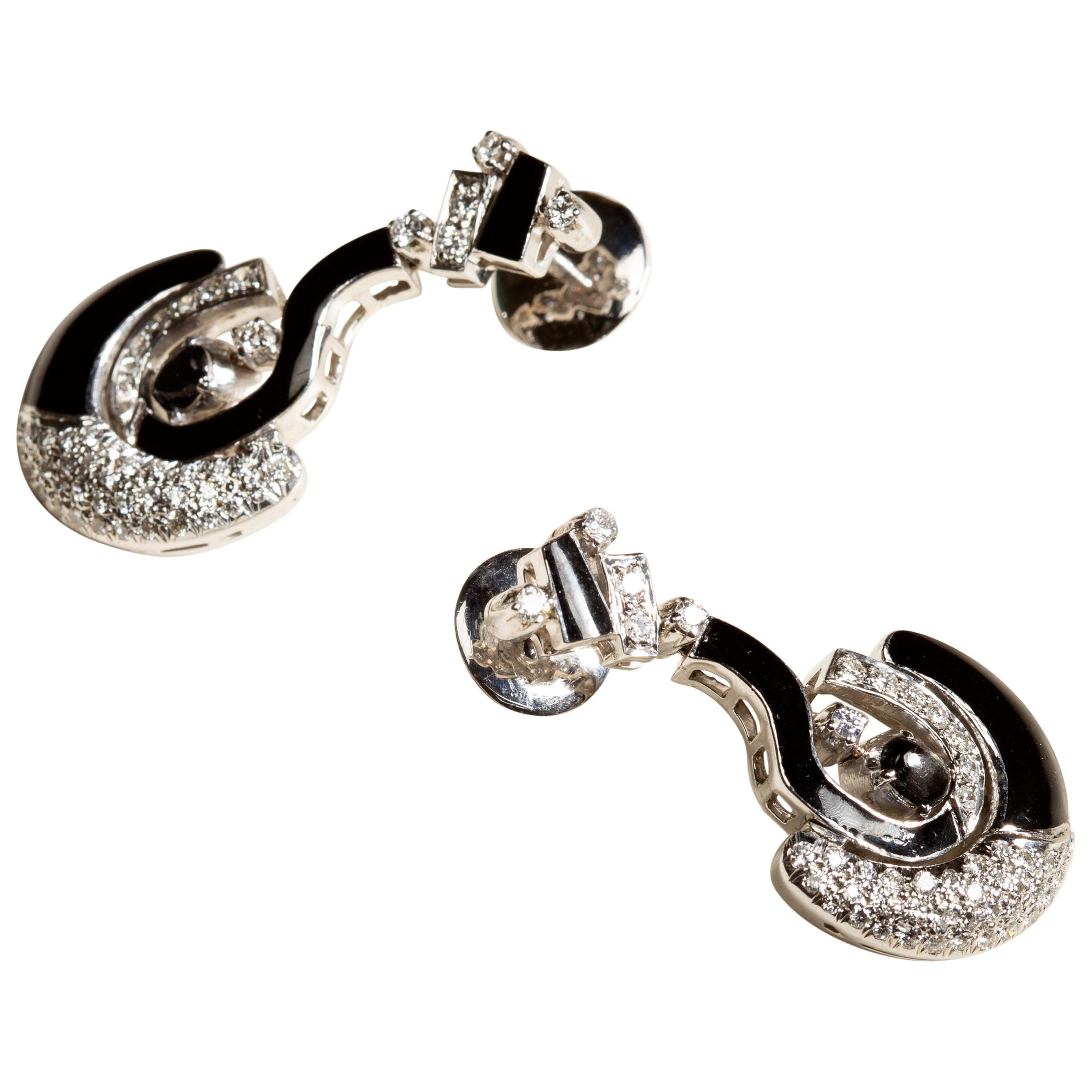 Art Deco Style Elephant Earrings in 18 Karat White Gold, Diamonds Black Onyx For Sale