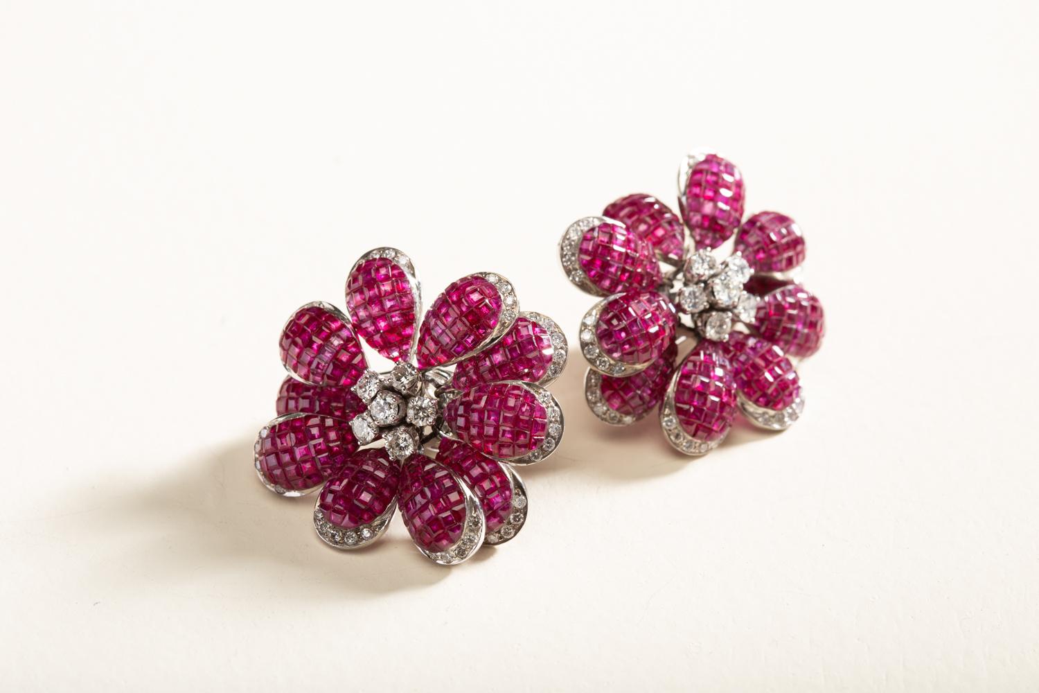 Contemporary Blazingstar 10 Petal Ruby Flower Earrings with Diamonds in 14 Karat Gold For Sale