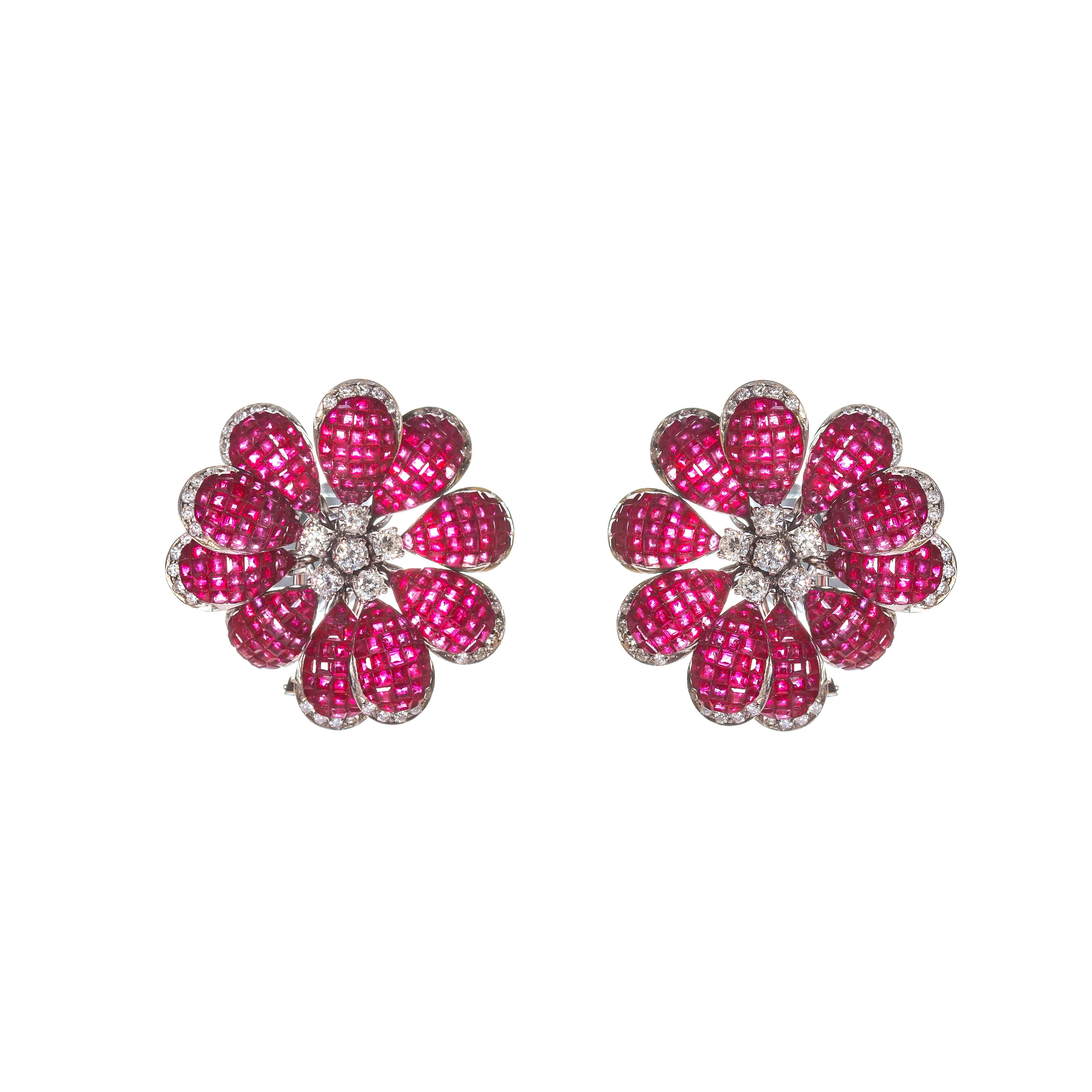Brilliant Cut Blazingstar 10 Petal Ruby Flower Earrings with Diamonds in 14 Karat Gold For Sale