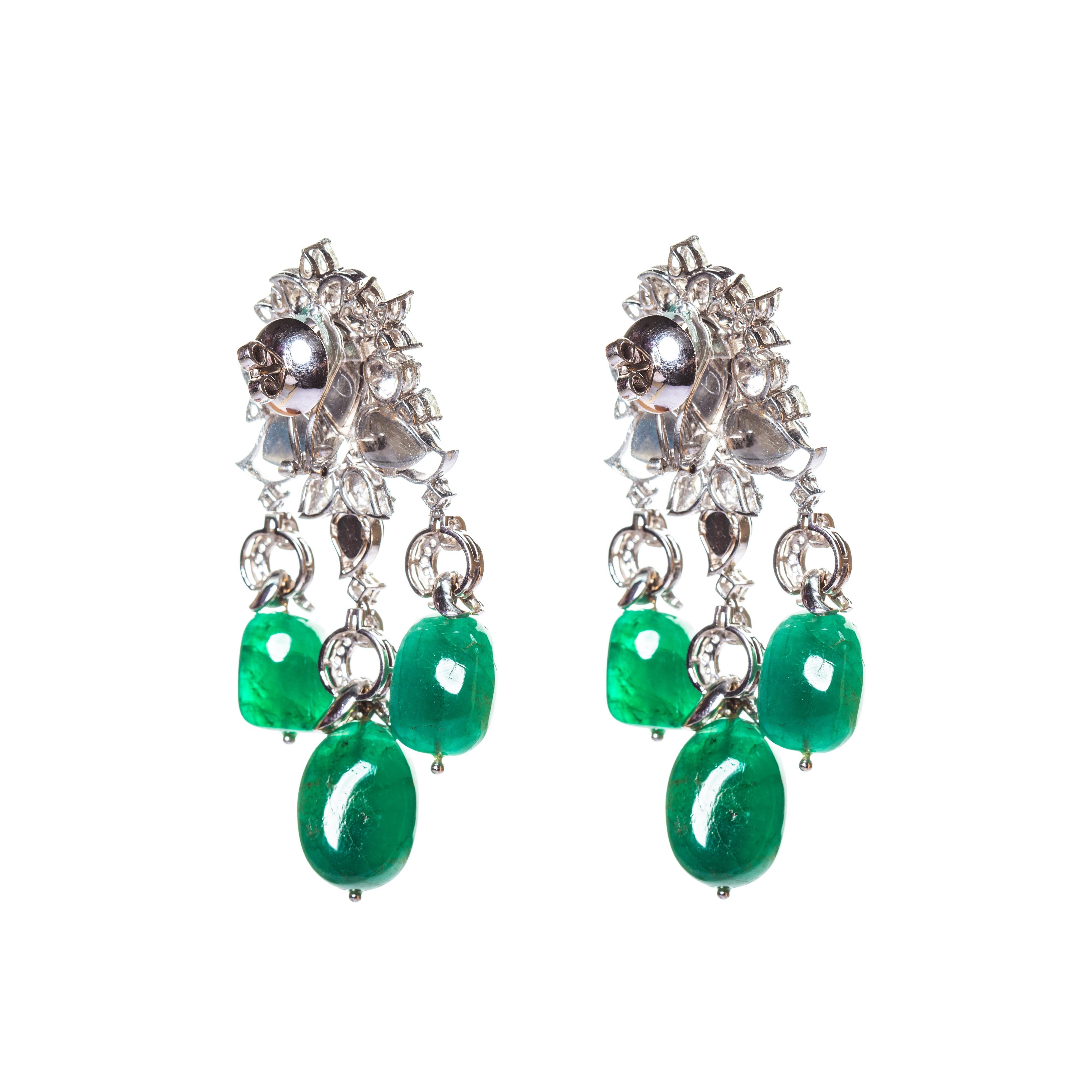 Rose Cut Diamond and Emerald Empress Earrings in 18 Karat Gold For Sale