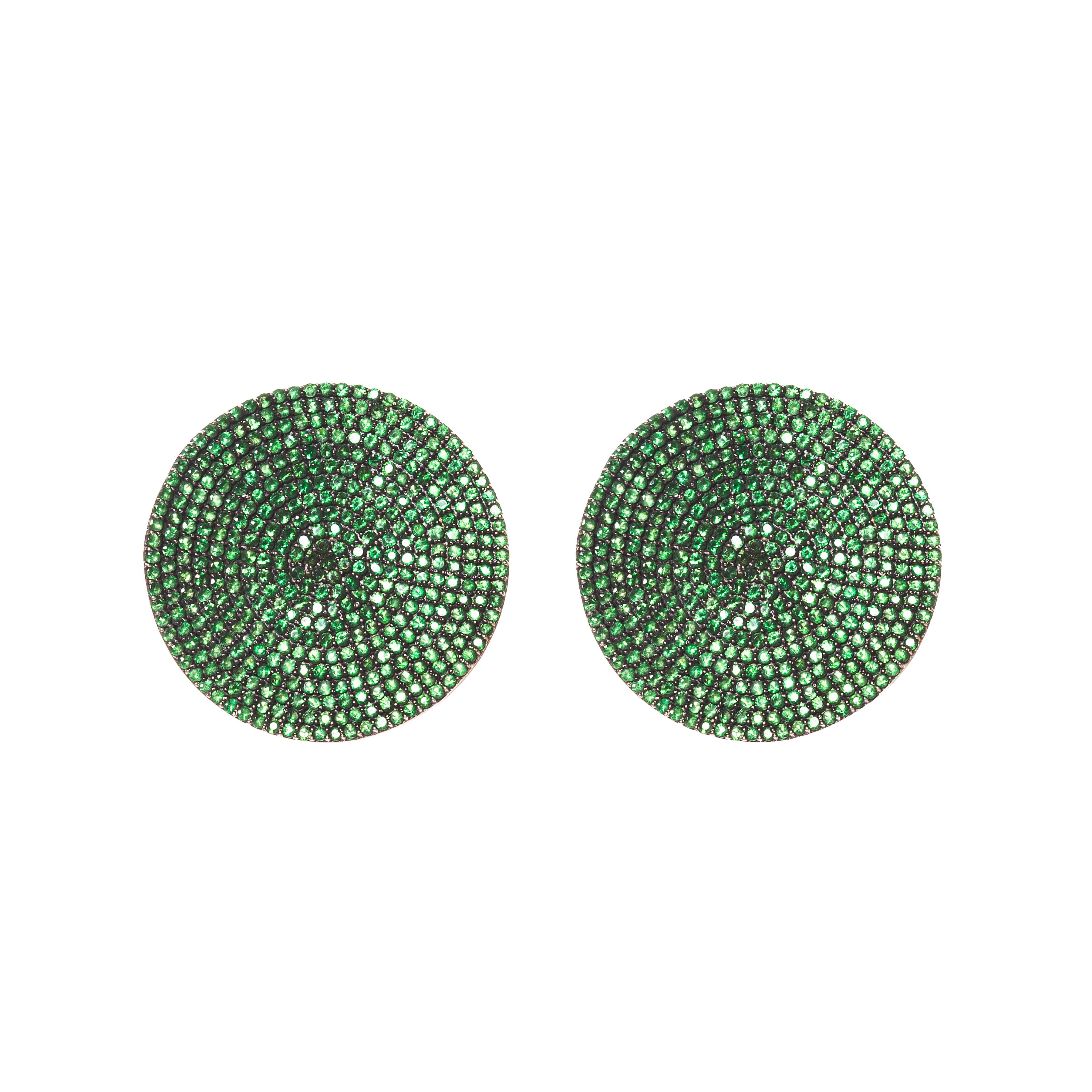 Contemporary Disc Earrings in Silver with Tsavorites For Sale
