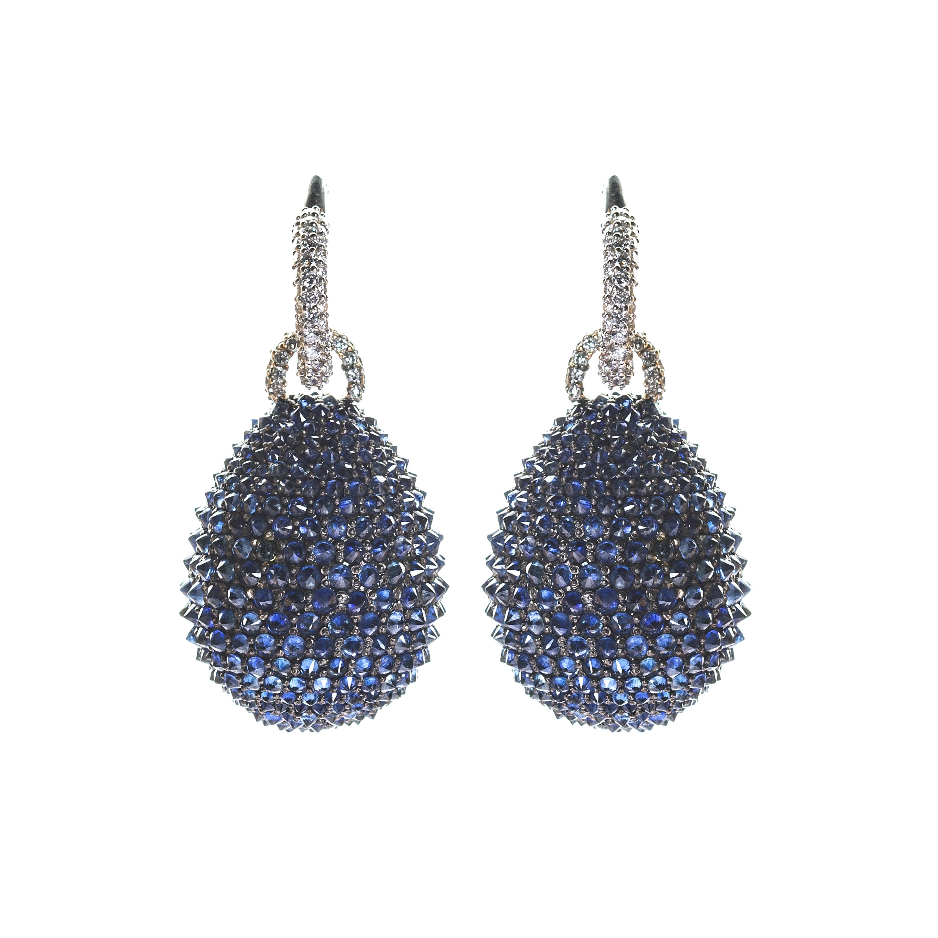 Contemporary Dome Earrings in Silver and 18 Karat Gold Set with Diamonds and Blue Sapphires For Sale