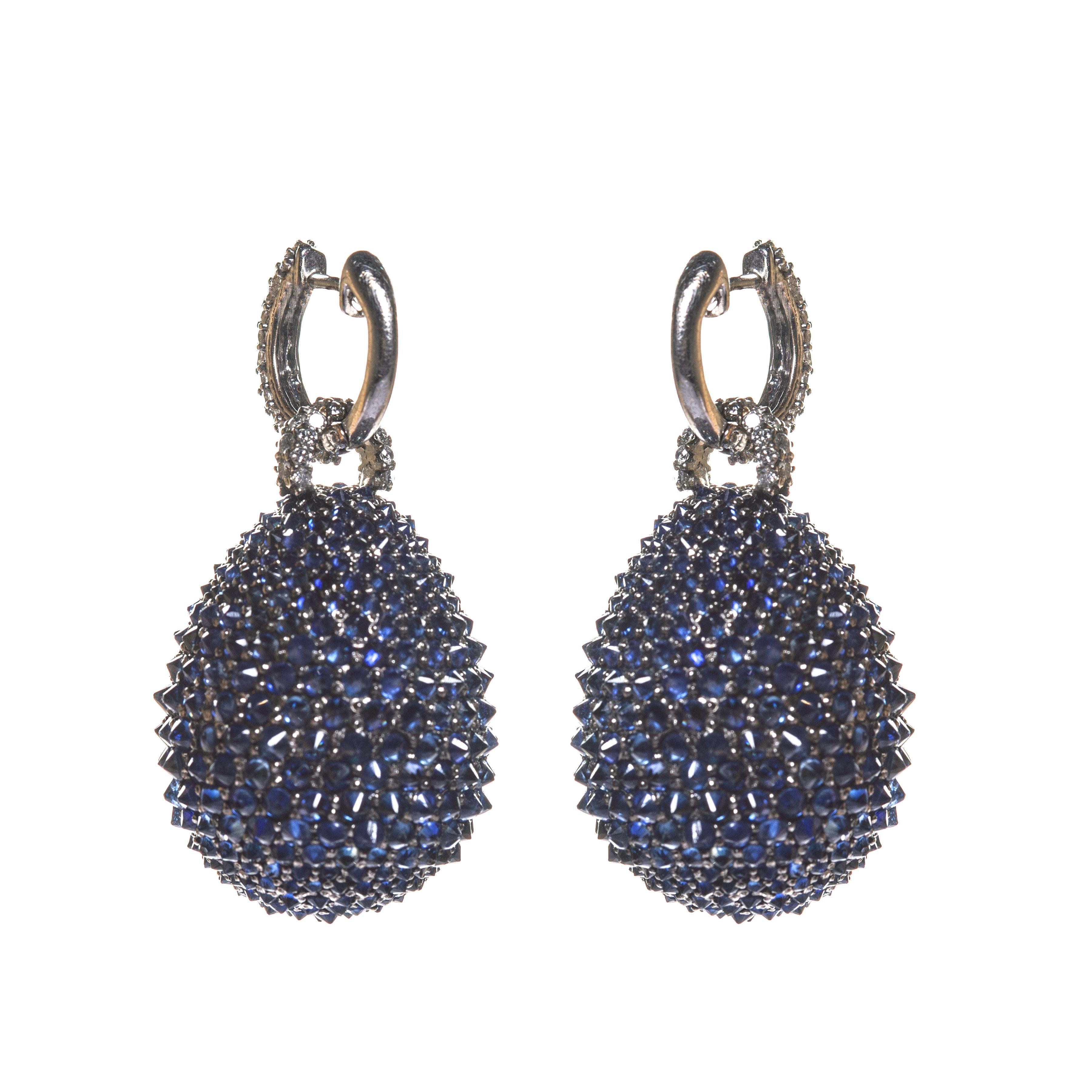 Brilliant Cut Dome Earrings in Silver and 18 Karat Gold Set with Diamonds and Blue Sapphires For Sale