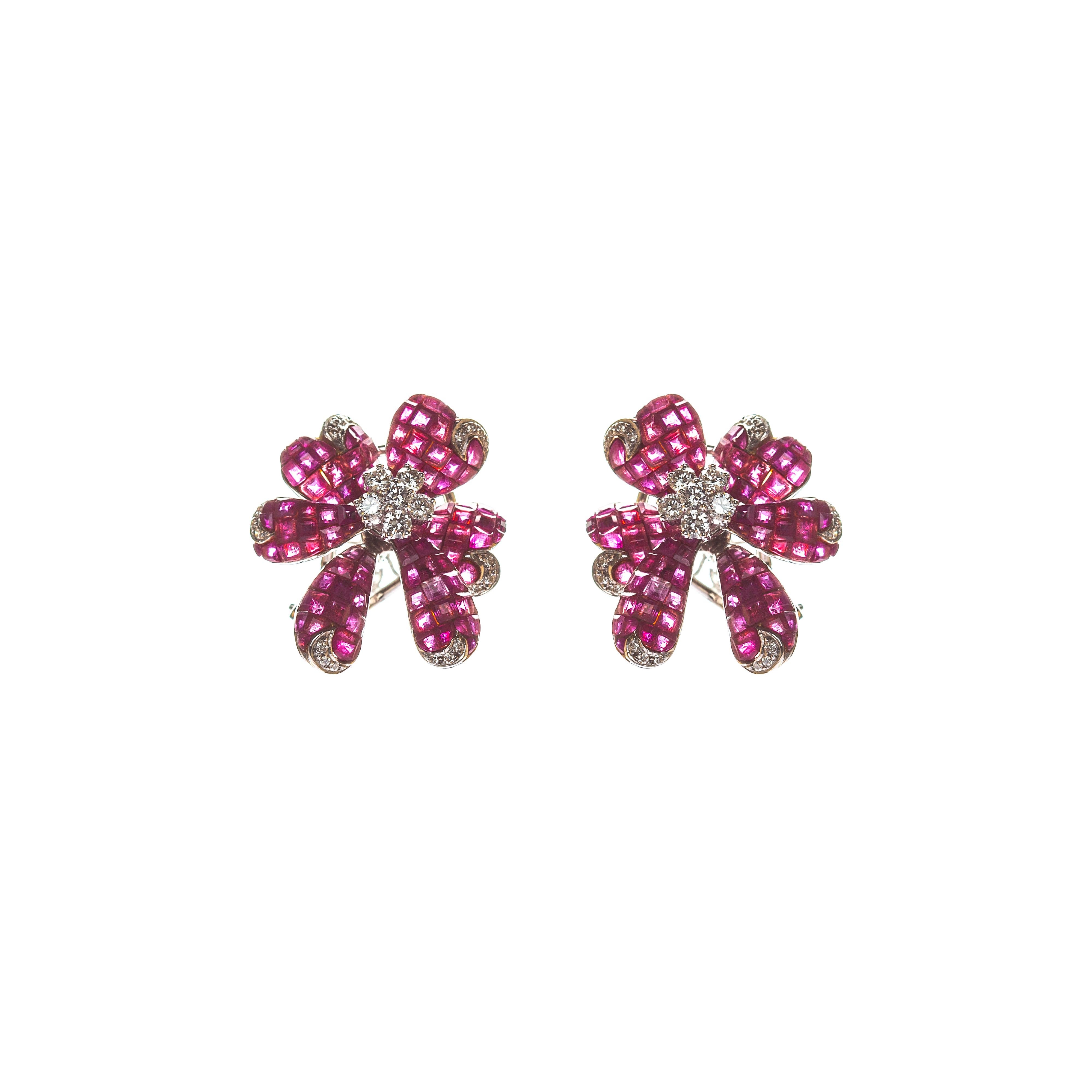 Contemporary Orchid Ruby Flowers in 18 Karat Gold and Diamonds For Sale