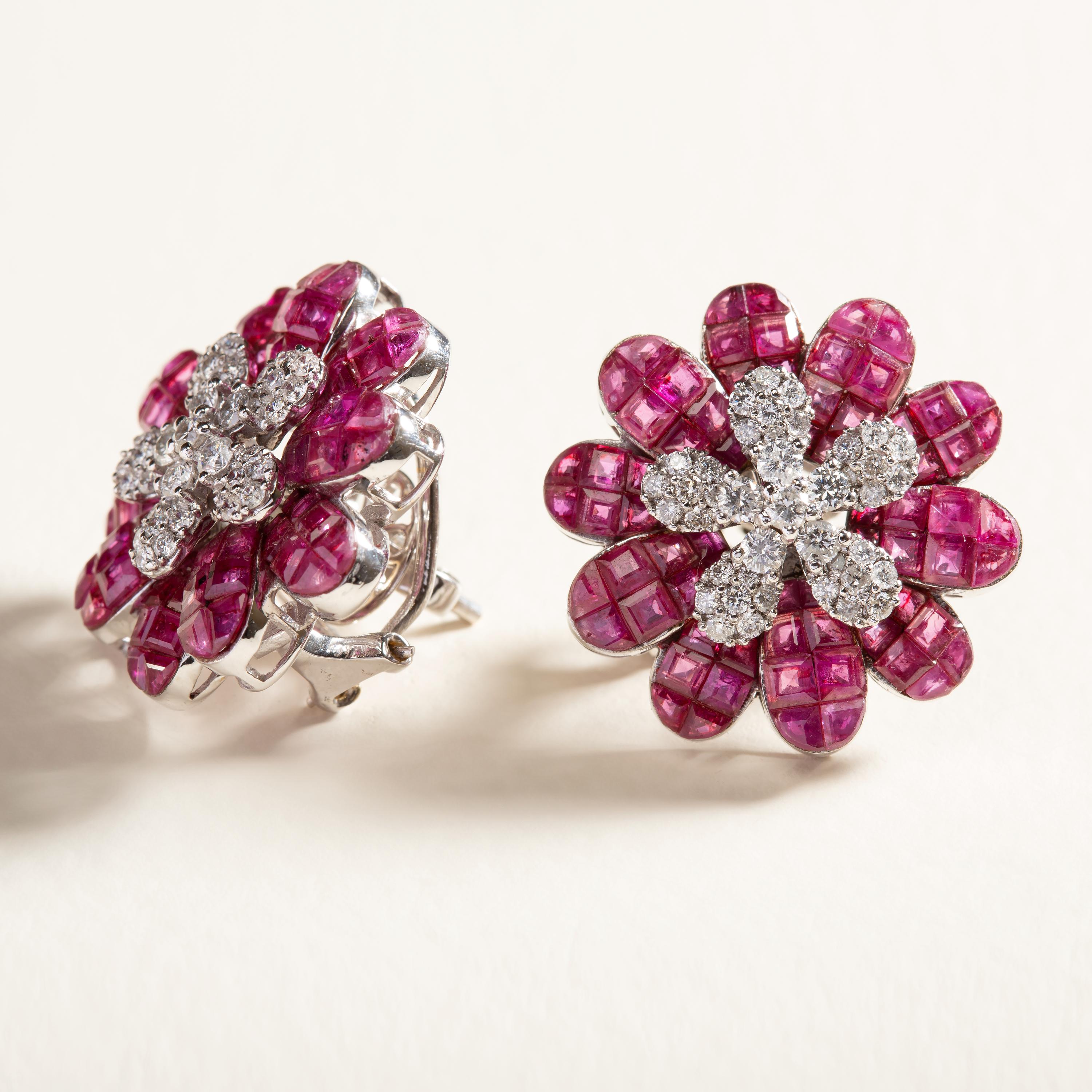 Contemporary Ruby Blazing Flower Earrings with Diamonds For Sale