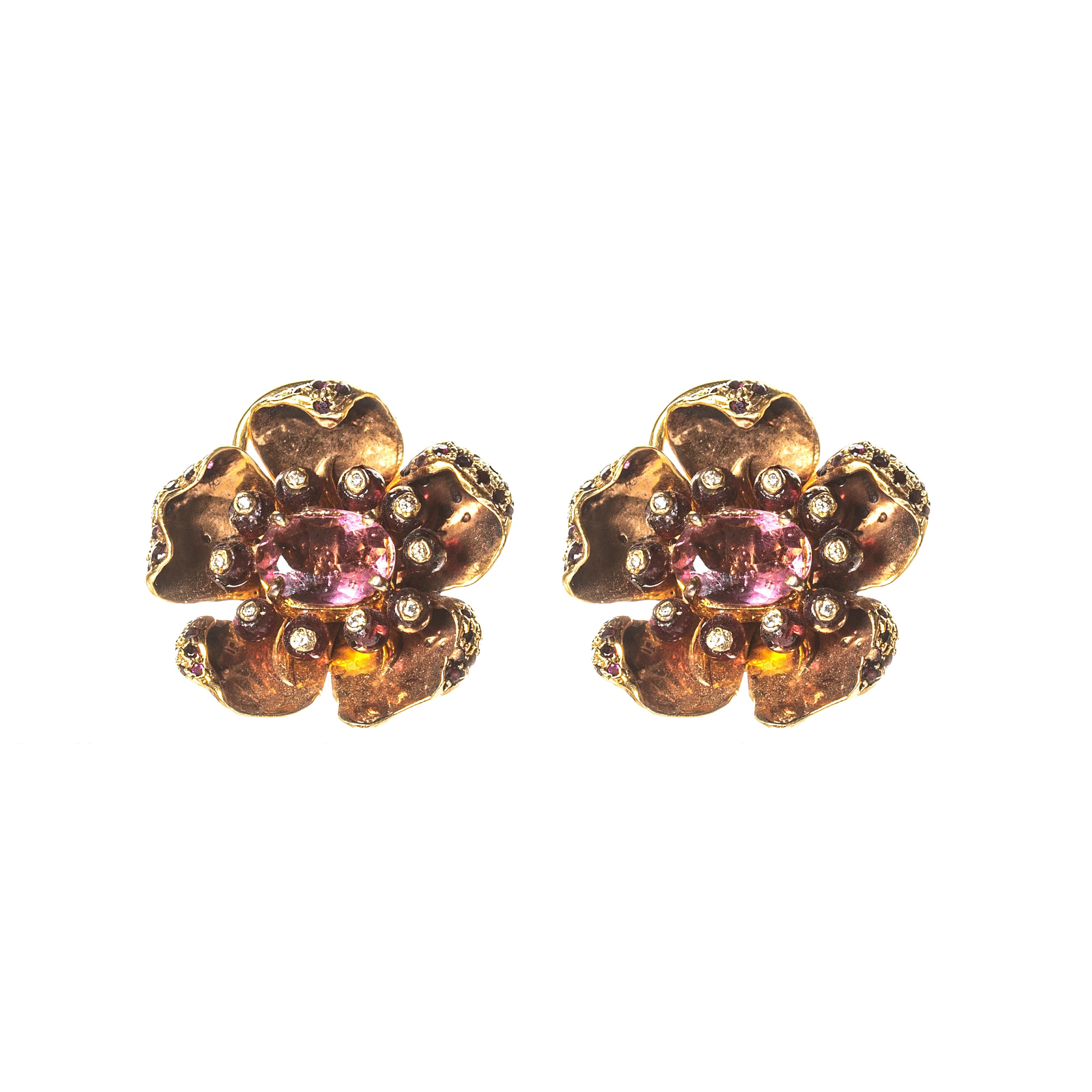 Contemporary Tourmaline Flower Earrings Silver with 24 Karat Gold Vermeil, Diamonds and Gems For Sale