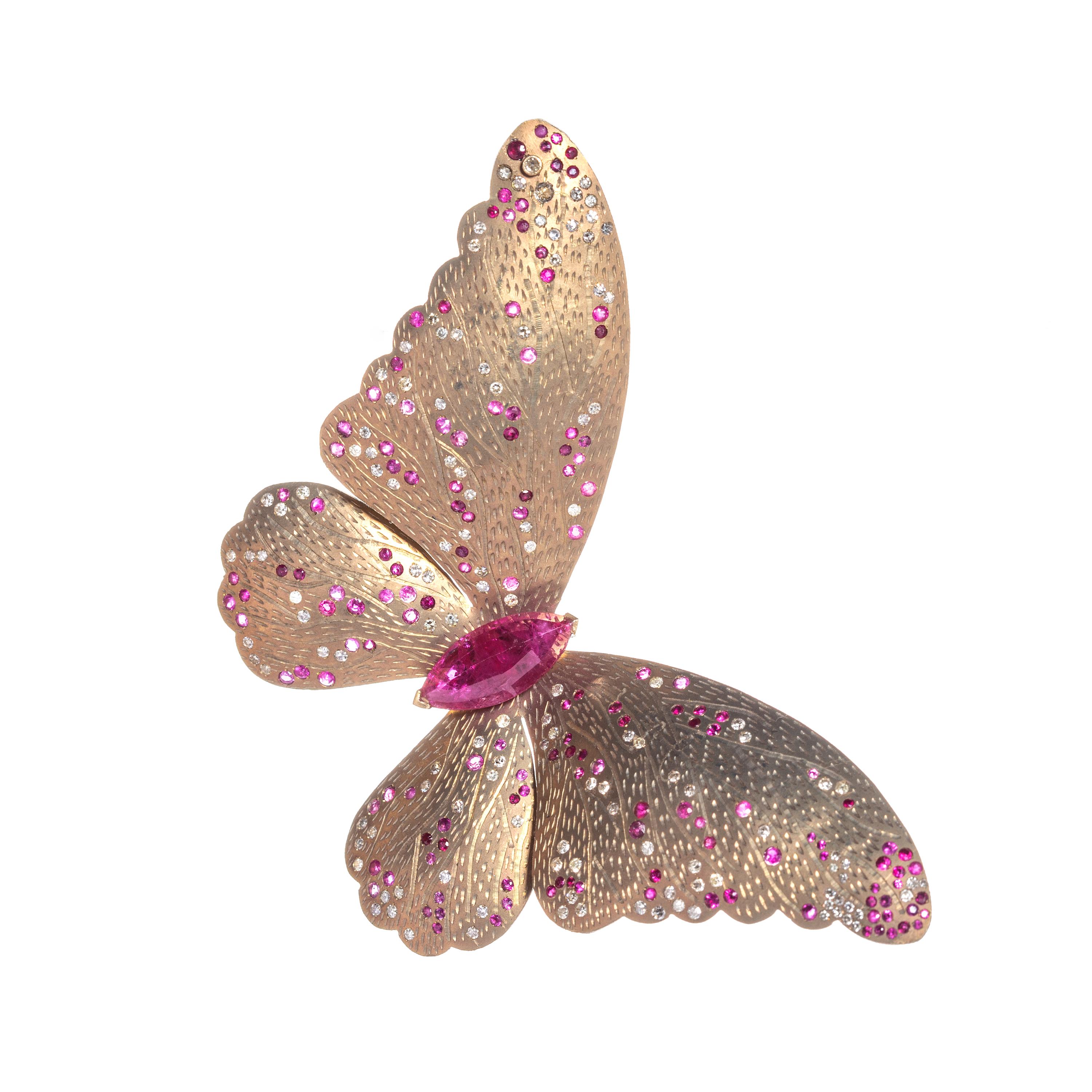 Contemporain Boucles d'oreilles demi-créoles papillon en titane jaune serties de rubis et de diamants en vente