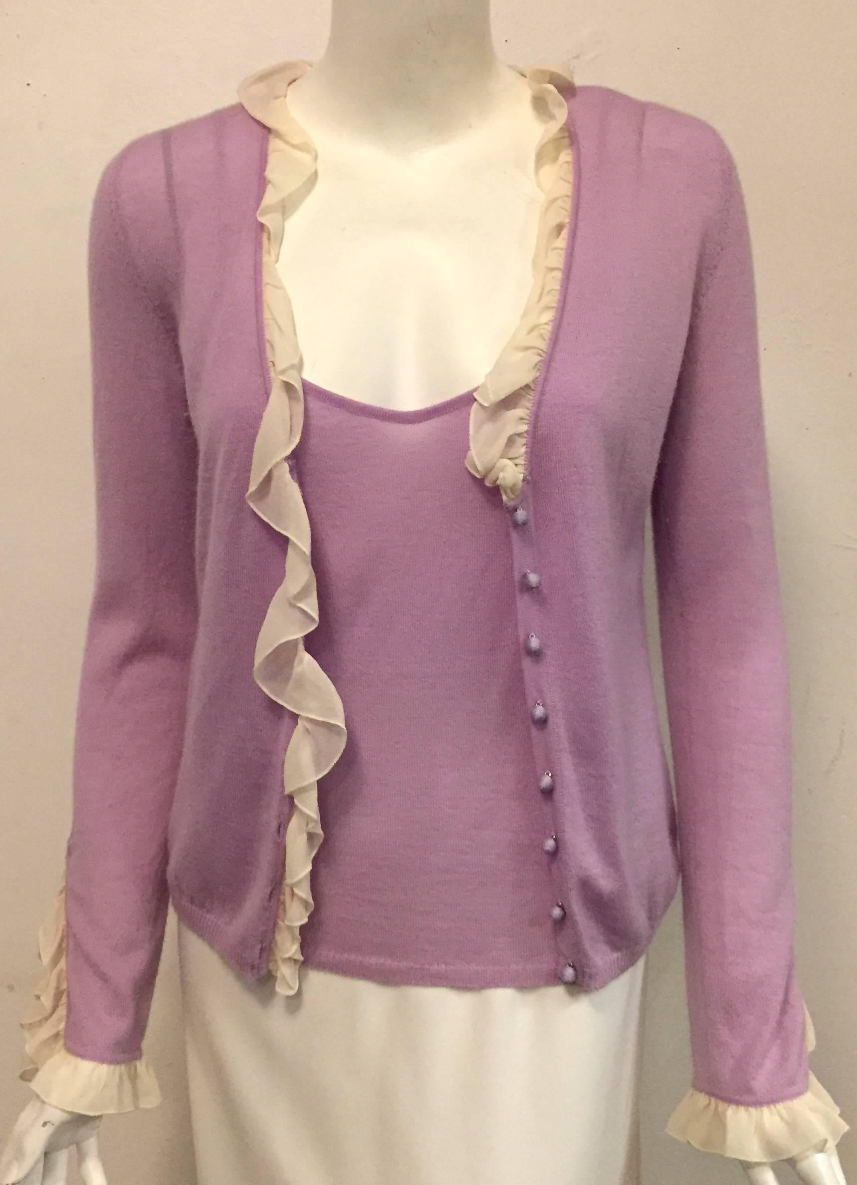 Established Emanuel Ungaro Lavender Two Piece Sweater Set w/ Beige Silk Ruffles  In Excellent Condition In Palm Beach, FL