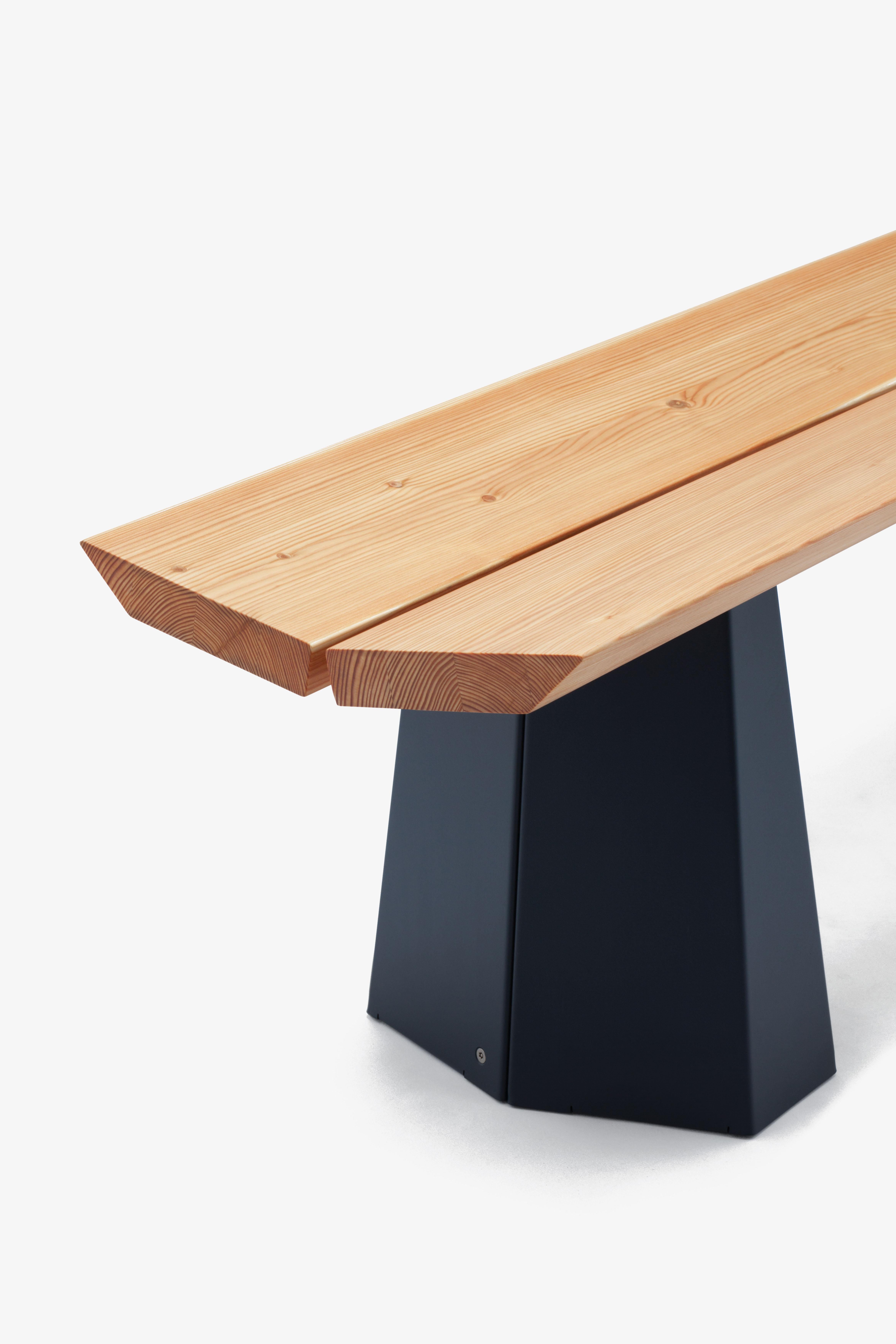 A-Bench is a versatile indoor or outdoor, domestic or contract bench. Made from mirroring and repeating two different components, A-Bench has a symmetry that allows it to be approached and used from any angle. The bench’s uplifting, striking angles